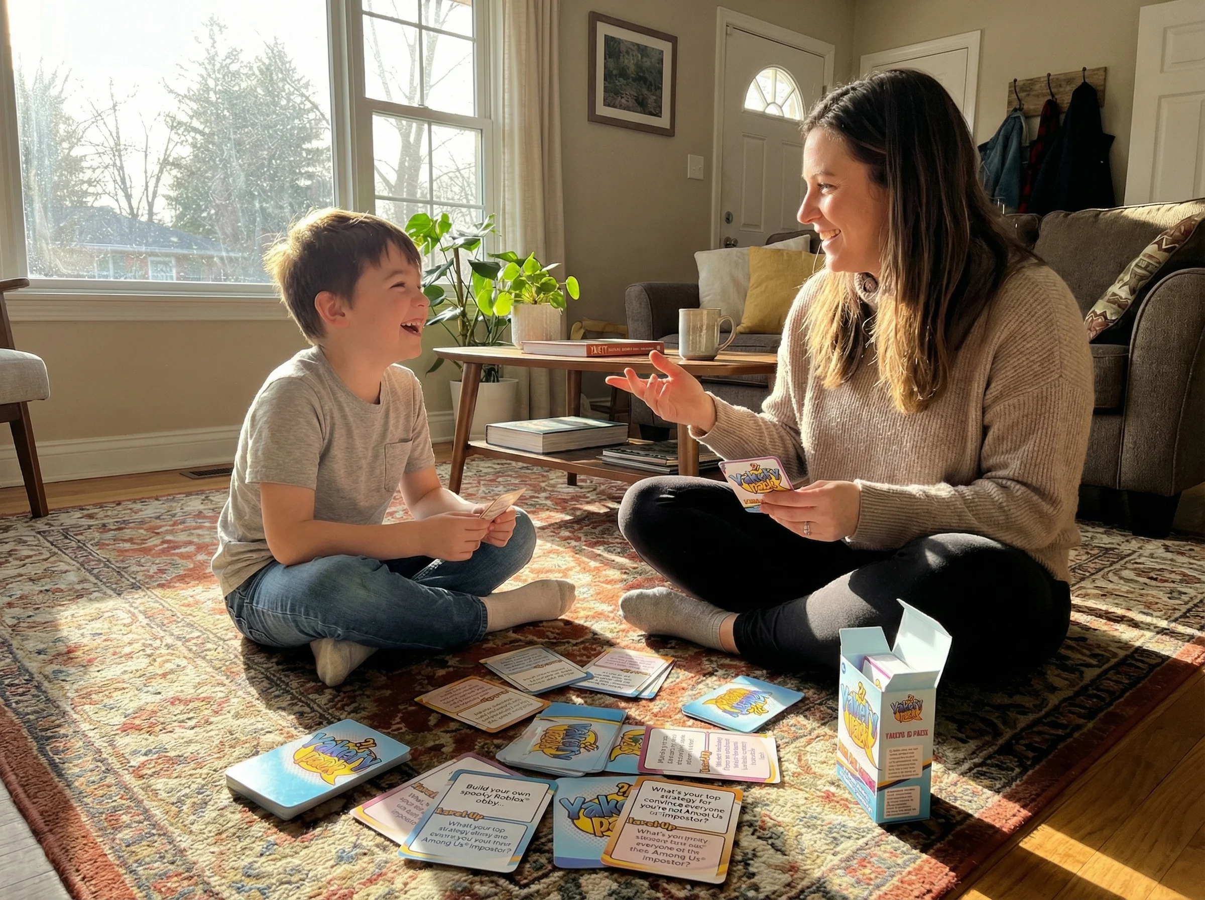Living room floor with Yakety Pack cards spread out, parent and child sitting cross-legged in conversation, natural afternoon