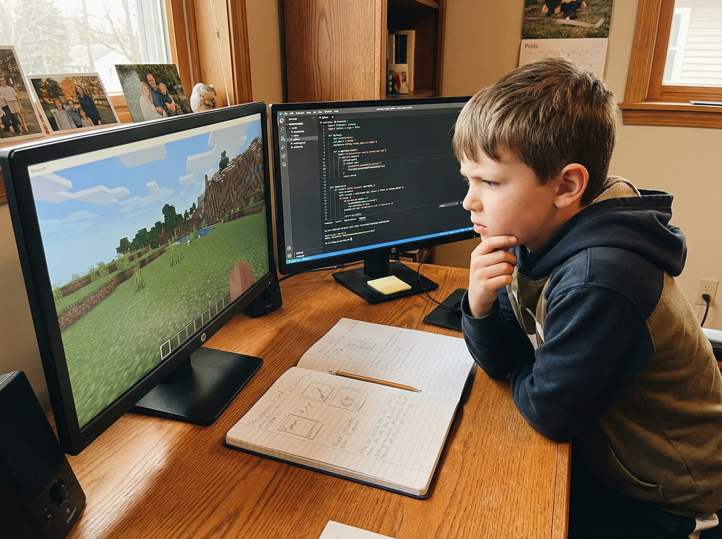Boy at a desk with dual monitors showing Minecraft on one screen and Python code on the other, notebook with sketches between