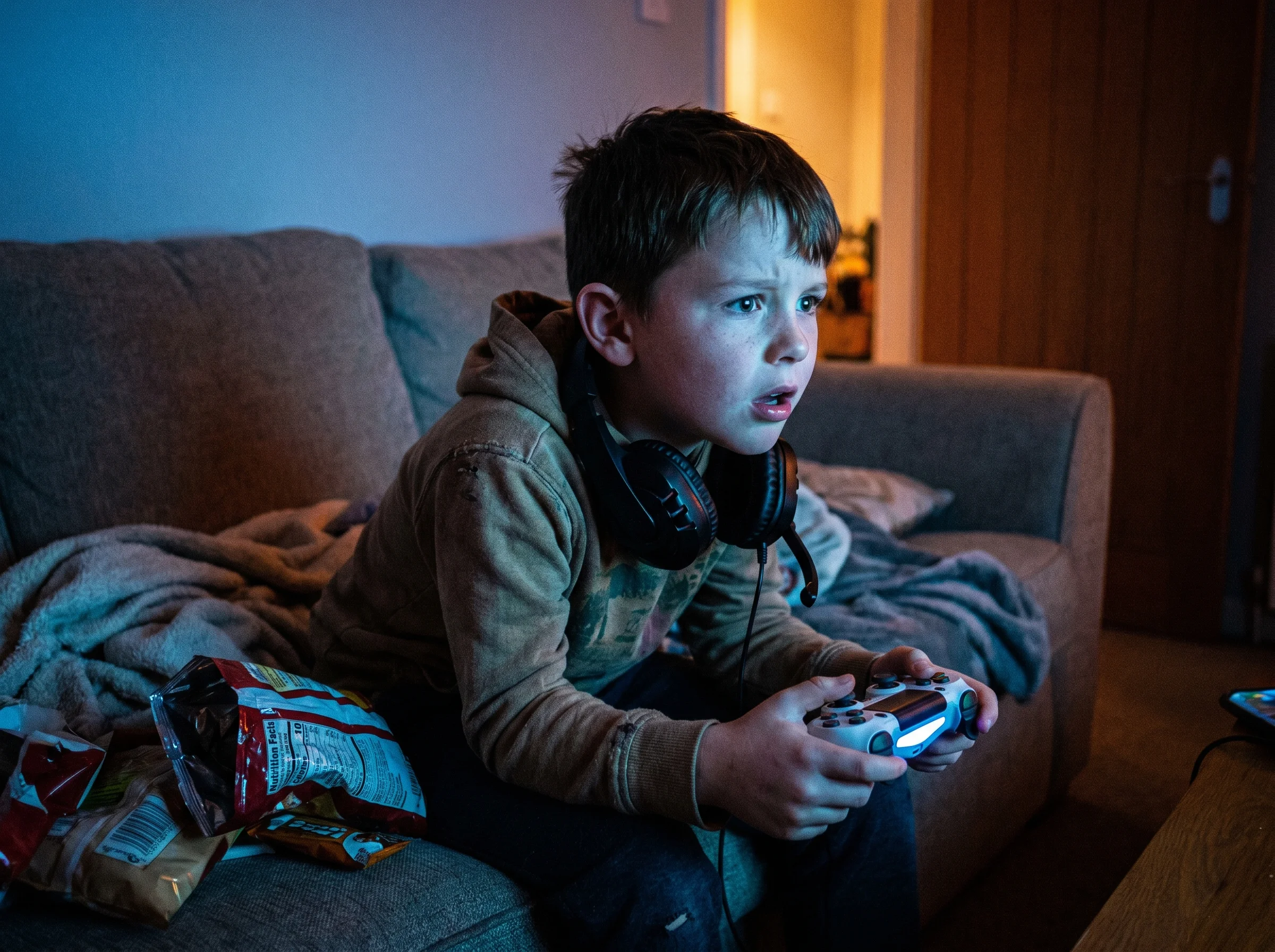 A young boy intensely focused on a gaming controller in his hands, the TV glow lighting up his face, headset around his neck,