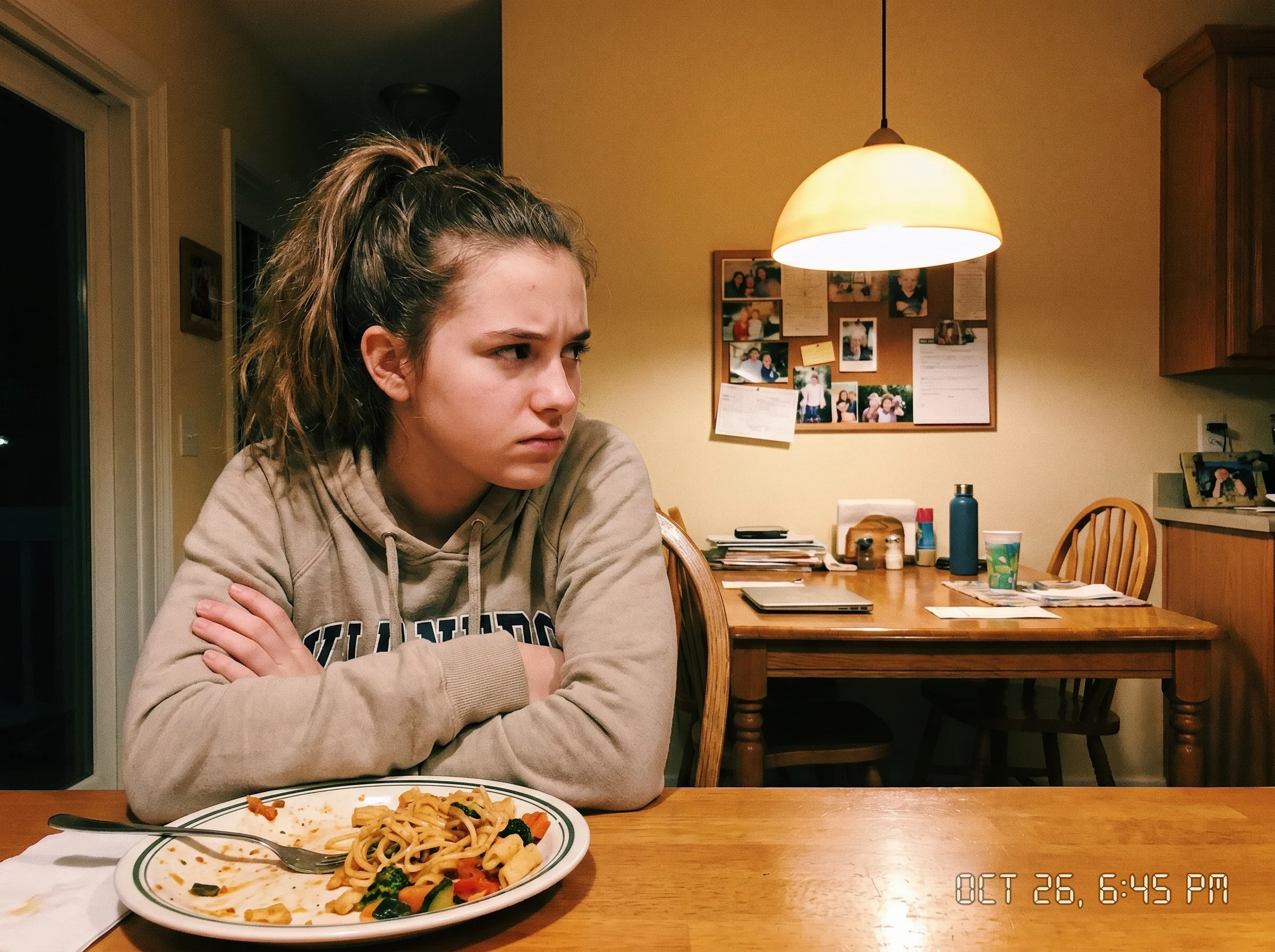 A teen girl at a kitchen table, arms crossed, looking off to the side with a tight expression, half-eaten dinner plate in fro