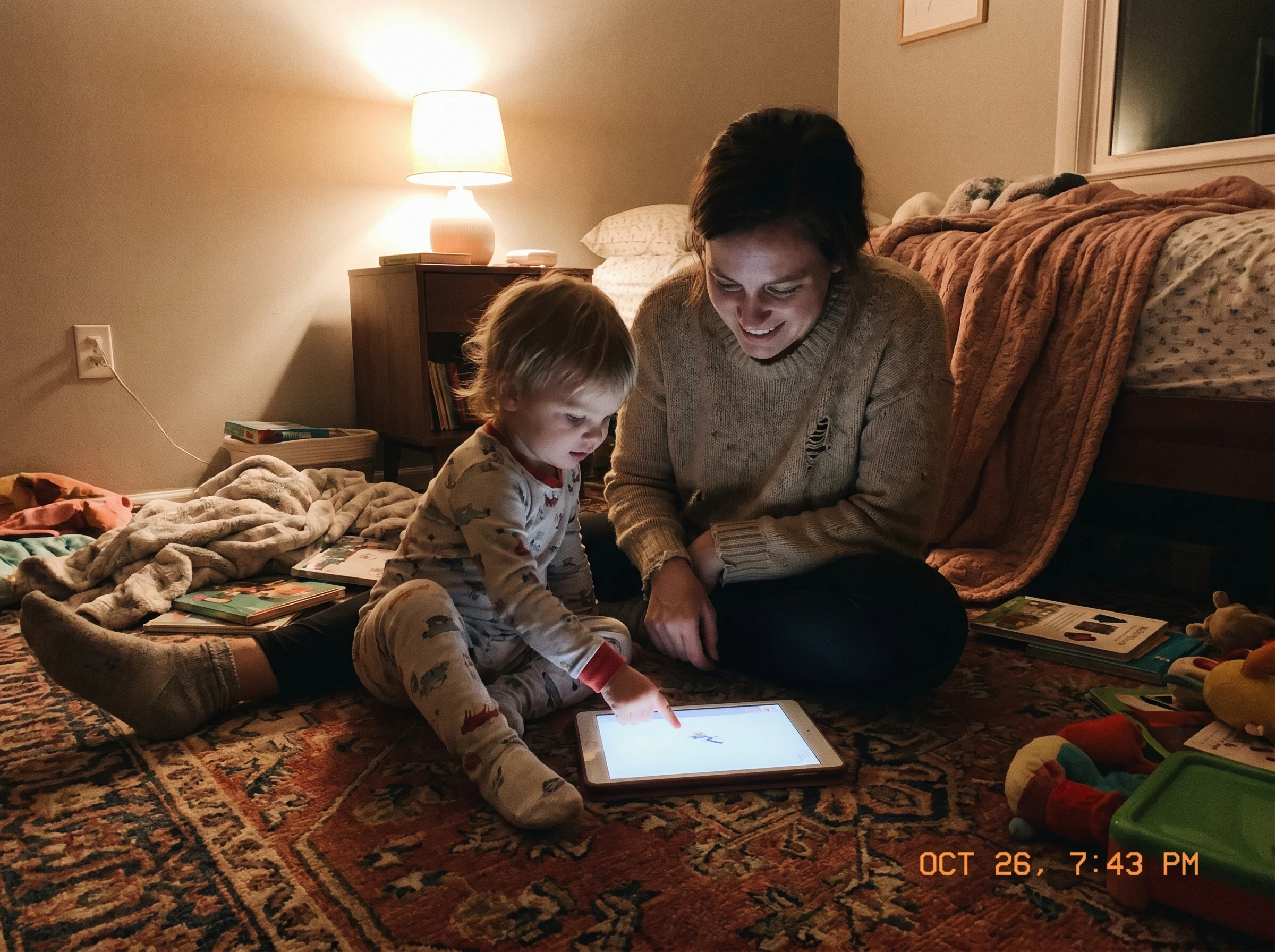 A parent and child sitting on the floor of a bedroom, looking at a tablet together, the child pointing at the screen, soft la