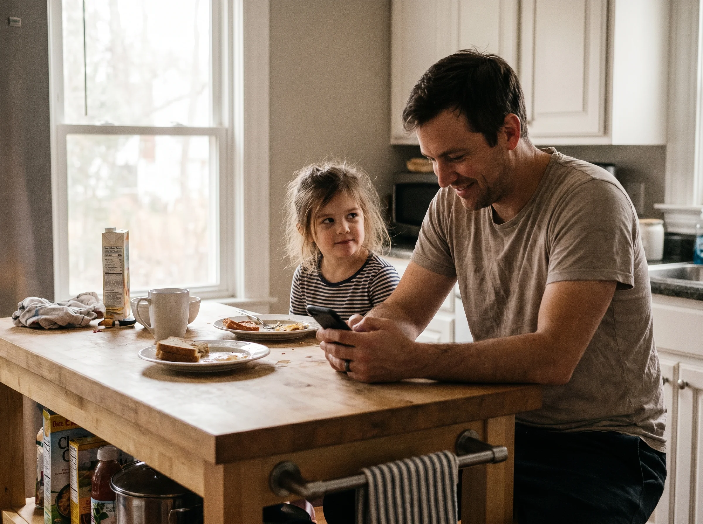 A dad caught mid-distraction looking at his phone while his daughter sits next to him at the kitchen island giving him a know