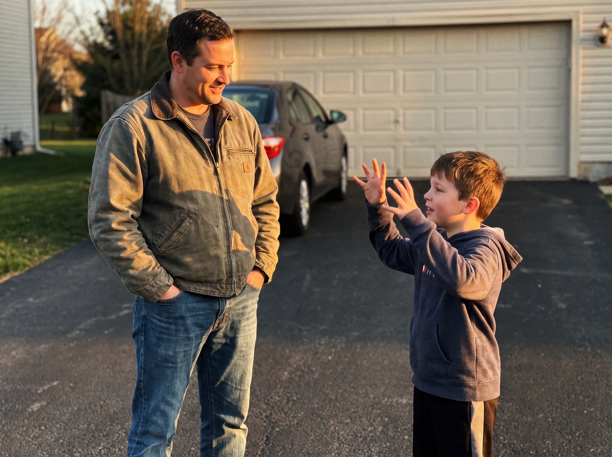 A father and son on a driveway, son talking animatedly with hands up while dad listens, evening light, casual real moment