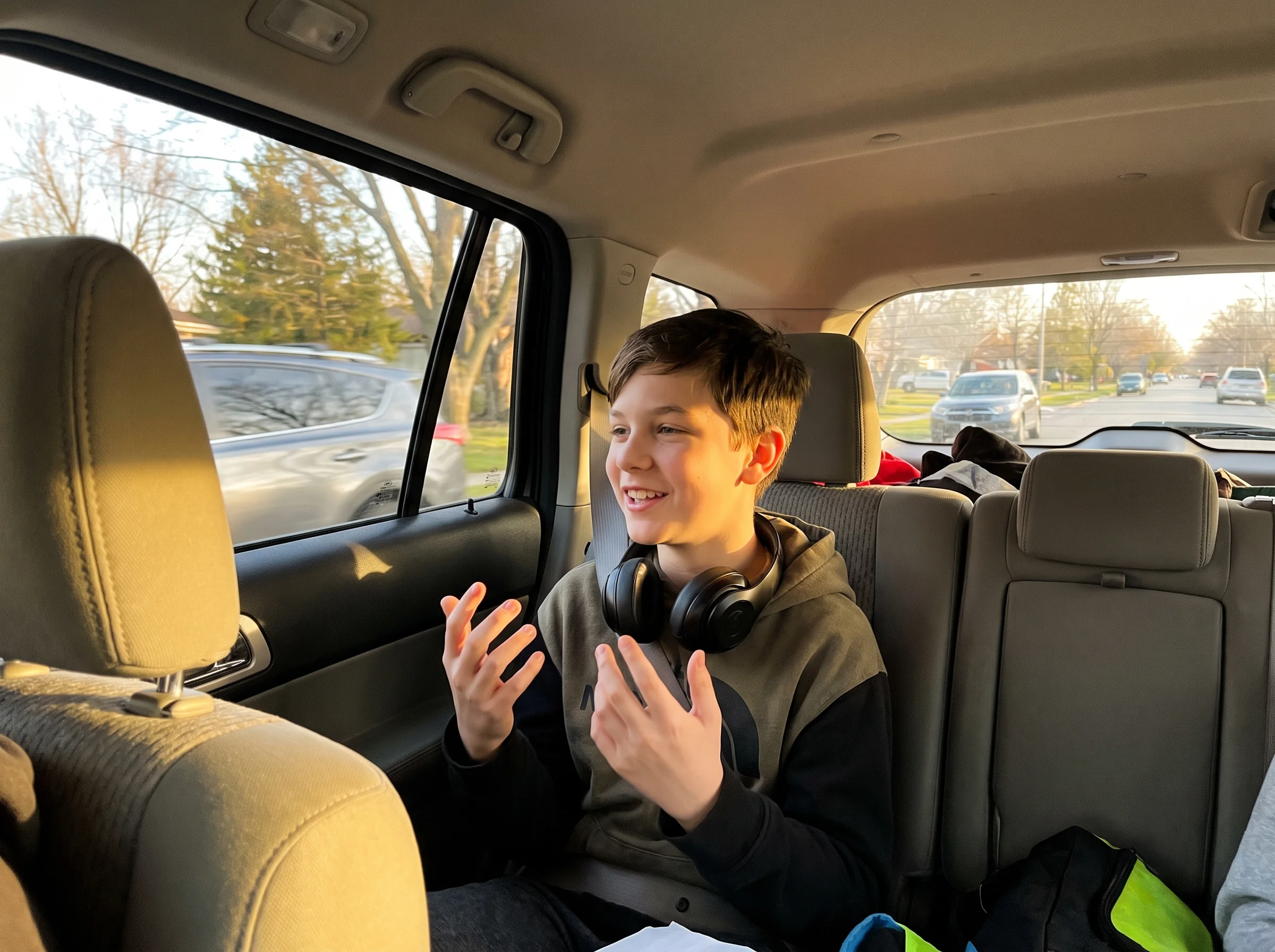 View from the front seat of a car of a kid in the back seat, headphones around his neck, mid-conversation, late afternoon sun