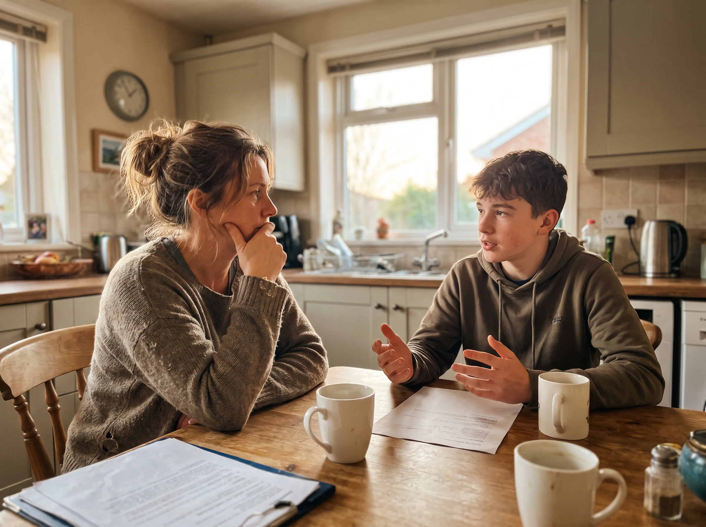 A mom and her son sitting at the kitchen table after a disagreement, mom listening with her hand on her chin, son talking, so