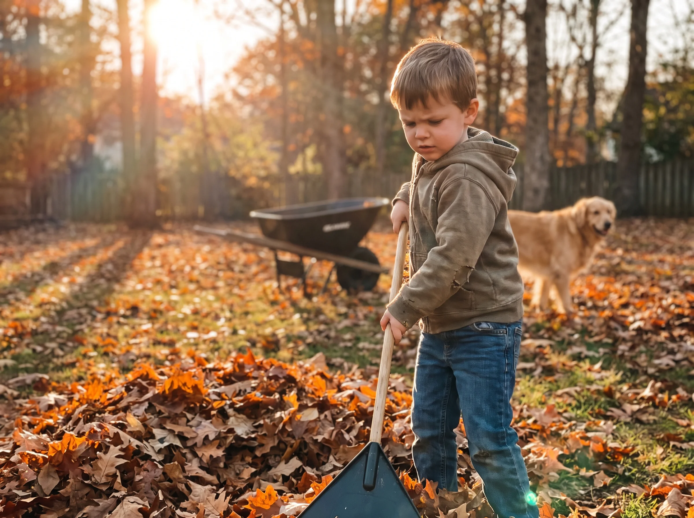 A boy raking leaves in the backyard on a fall afternoon, focused expression, casual clothes, natural golden hour light