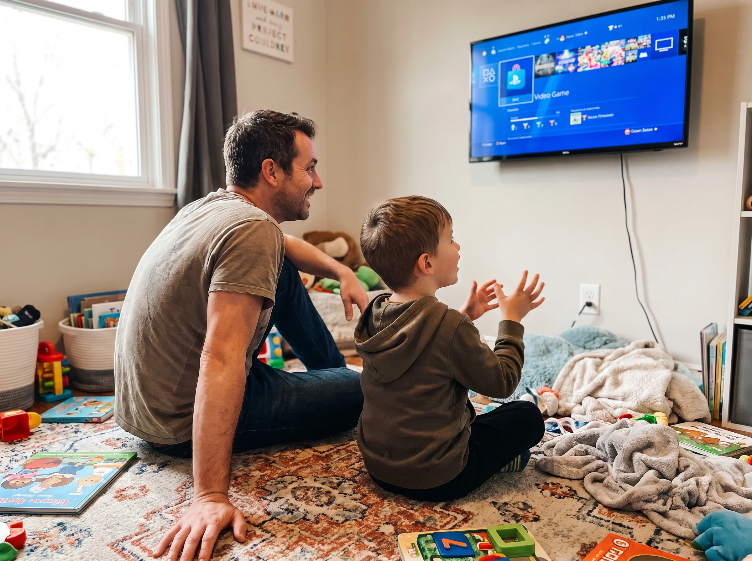 A dad and son sitting on the floor in a kid's bedroom, looking at a gaming screen together, dad leaning in with genuine inter