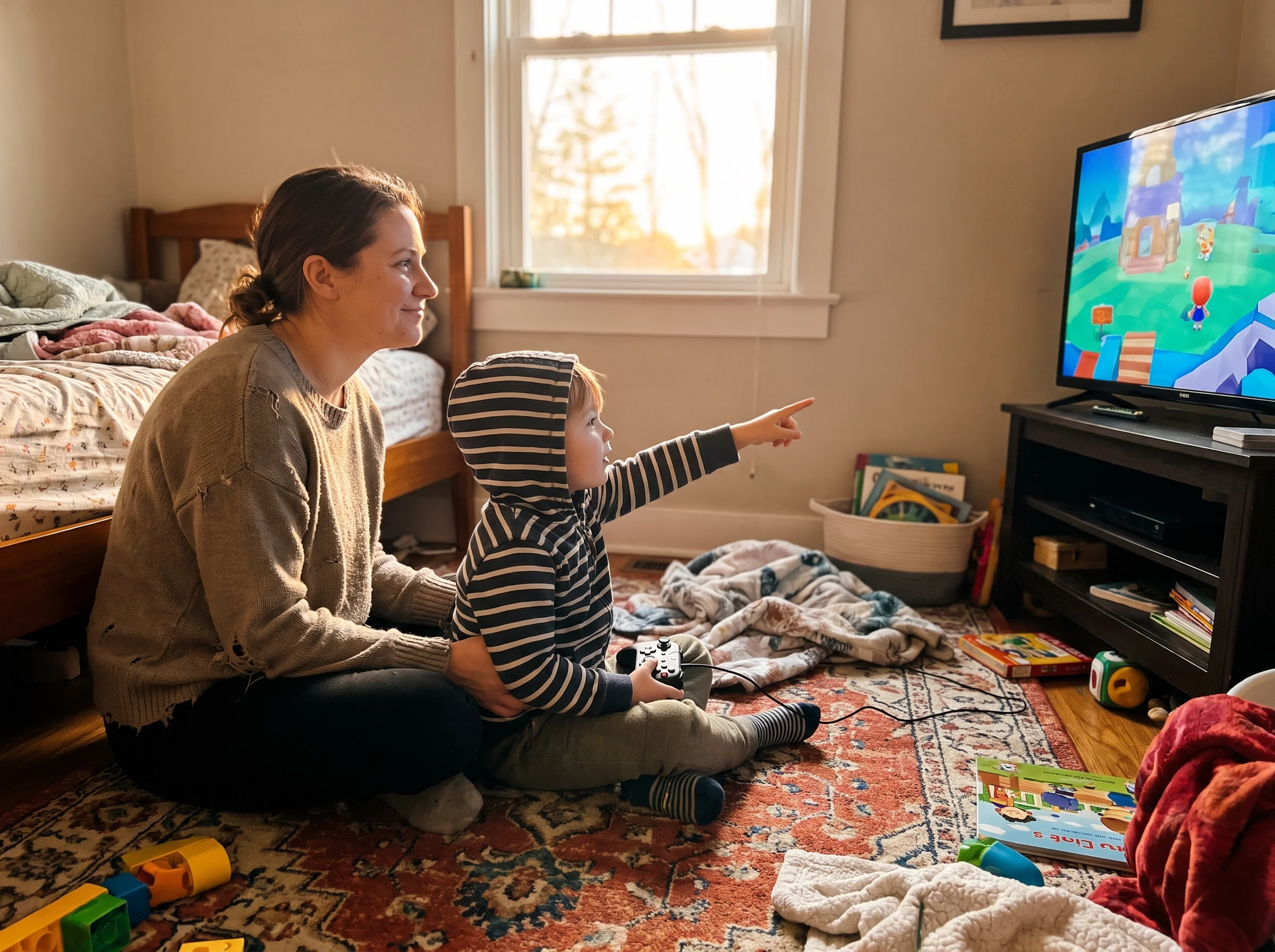 A parent and child sitting shoulder to shoulder on a bedroom floor, child holding a controller and pointing at the TV screen,