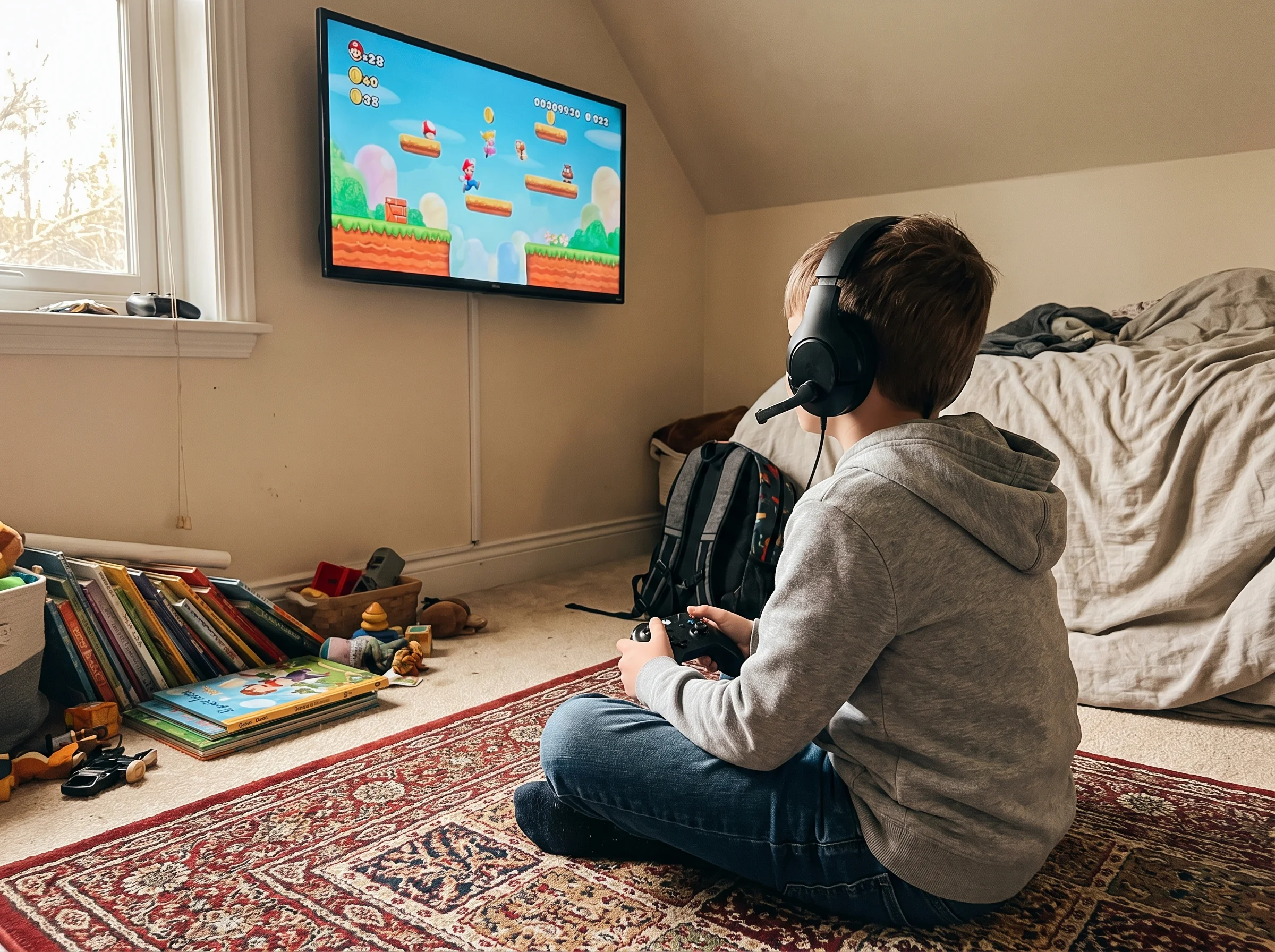 A 10 year old boy in a hoodie sitting cross-legged on his bedroom floor, headset on, focused on a TV showing a colorful carto