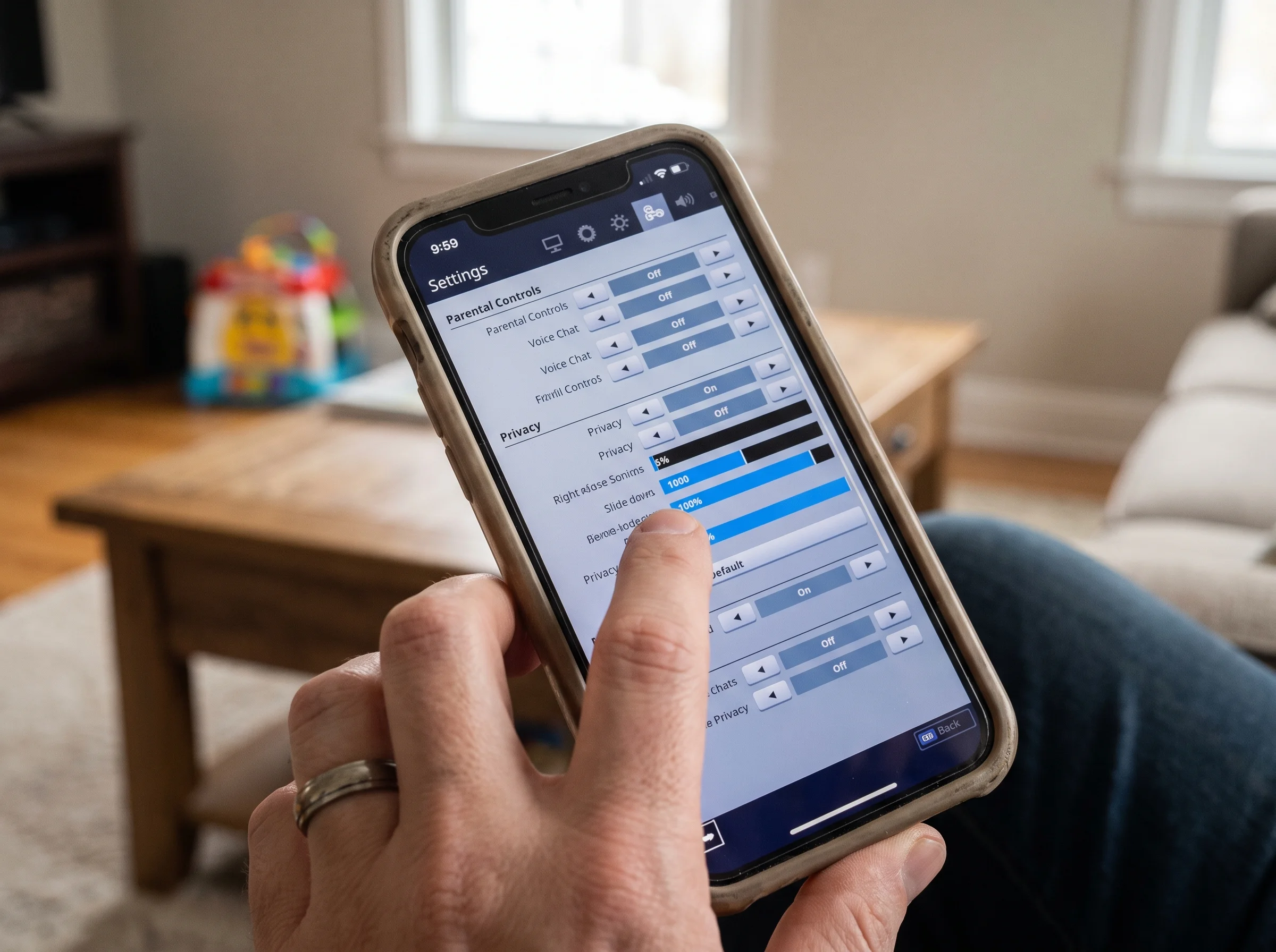 A close-up of a phone screen showing the Fortnite settings menu being adjusted, a parent's hand visible in soft natural light