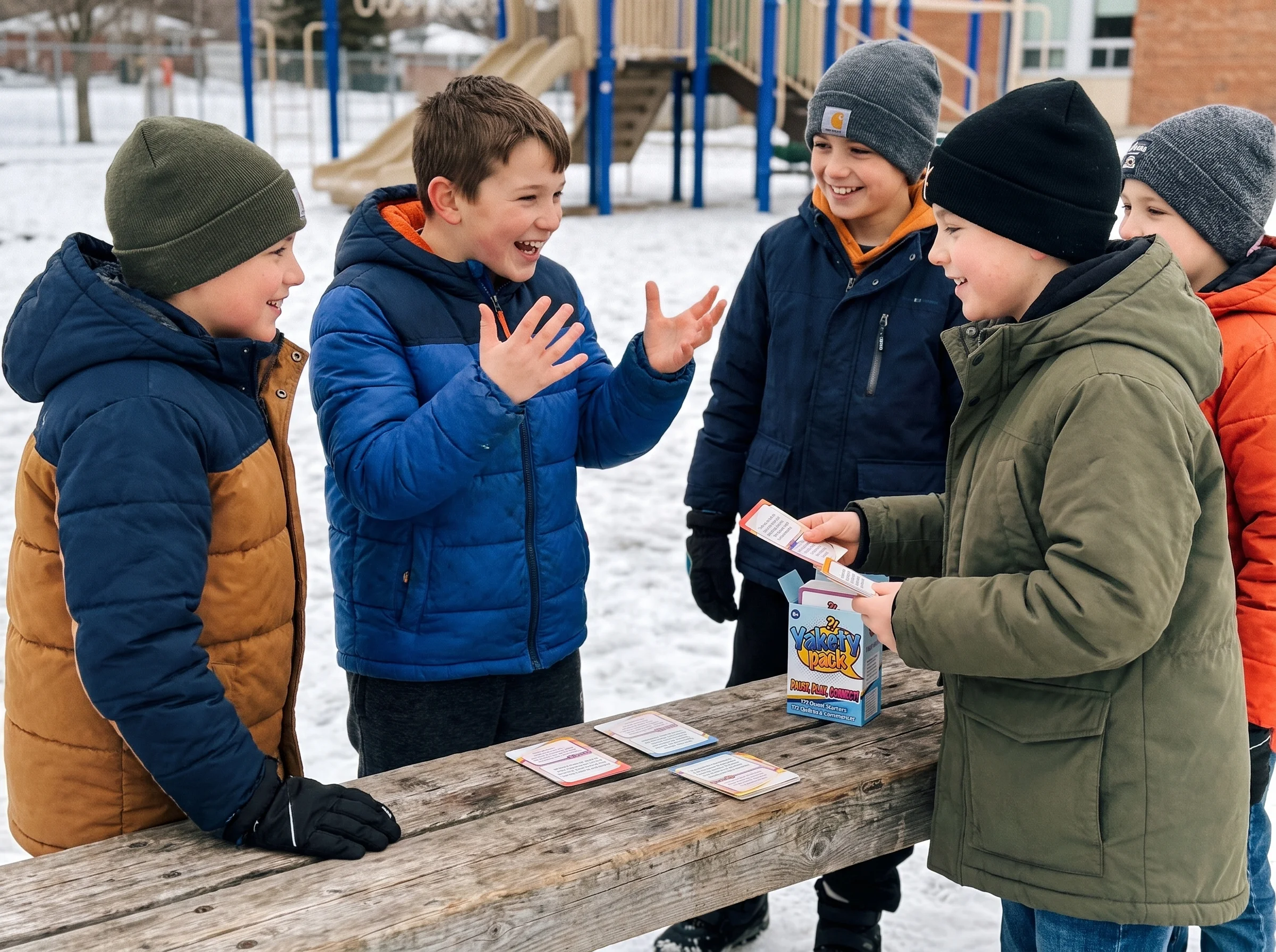 A group of boys at a school playground in winter coats, talking and laughing during recess, one gesturing like he's telling a