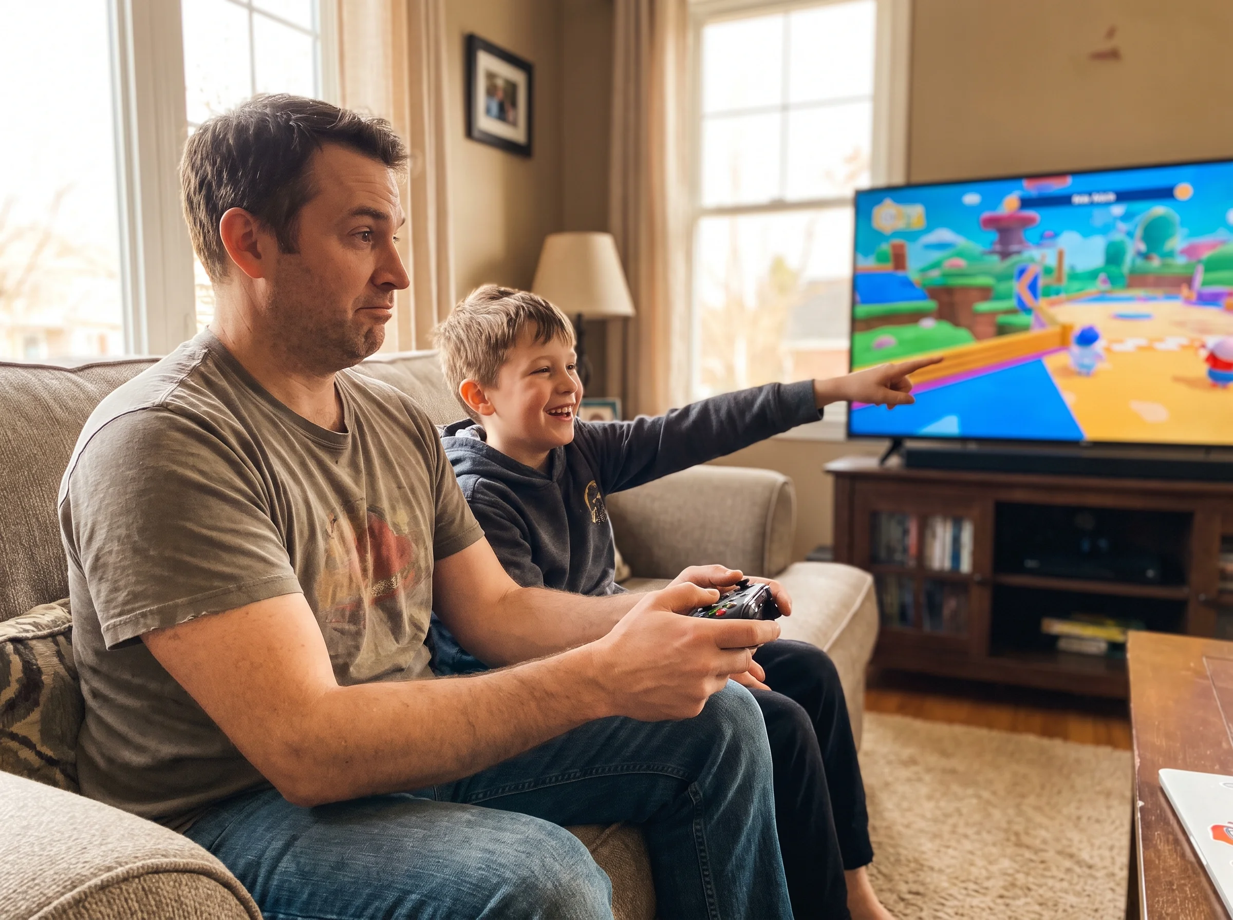 A dad and his 10 year old son sitting shoulder to shoulder on a couch, the dad holding a controller awkwardly, the son grinni