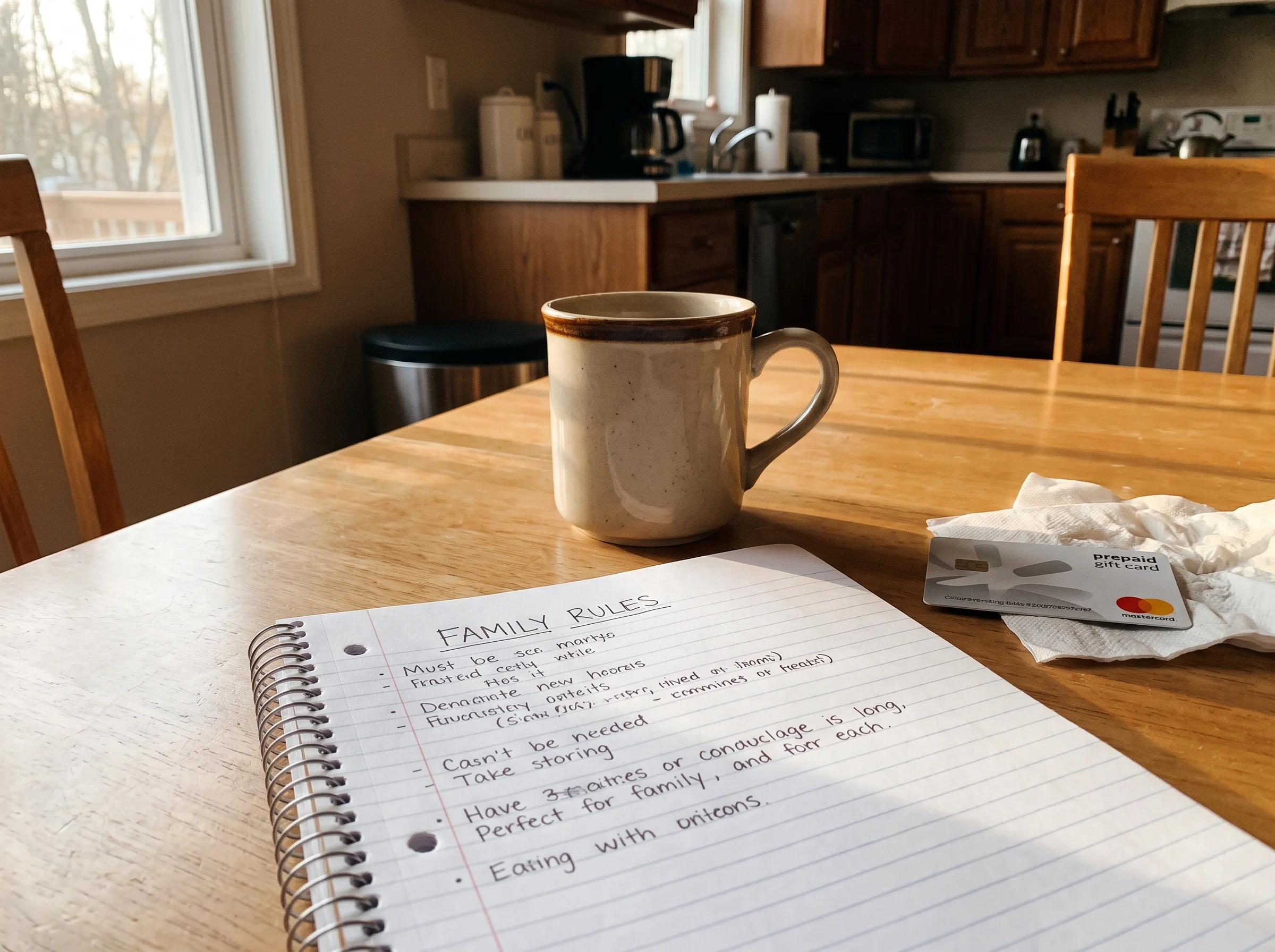 A kitchen table with a prepaid gift card, a notebook with handwritten family rules, and a coffee mug in soft morning light