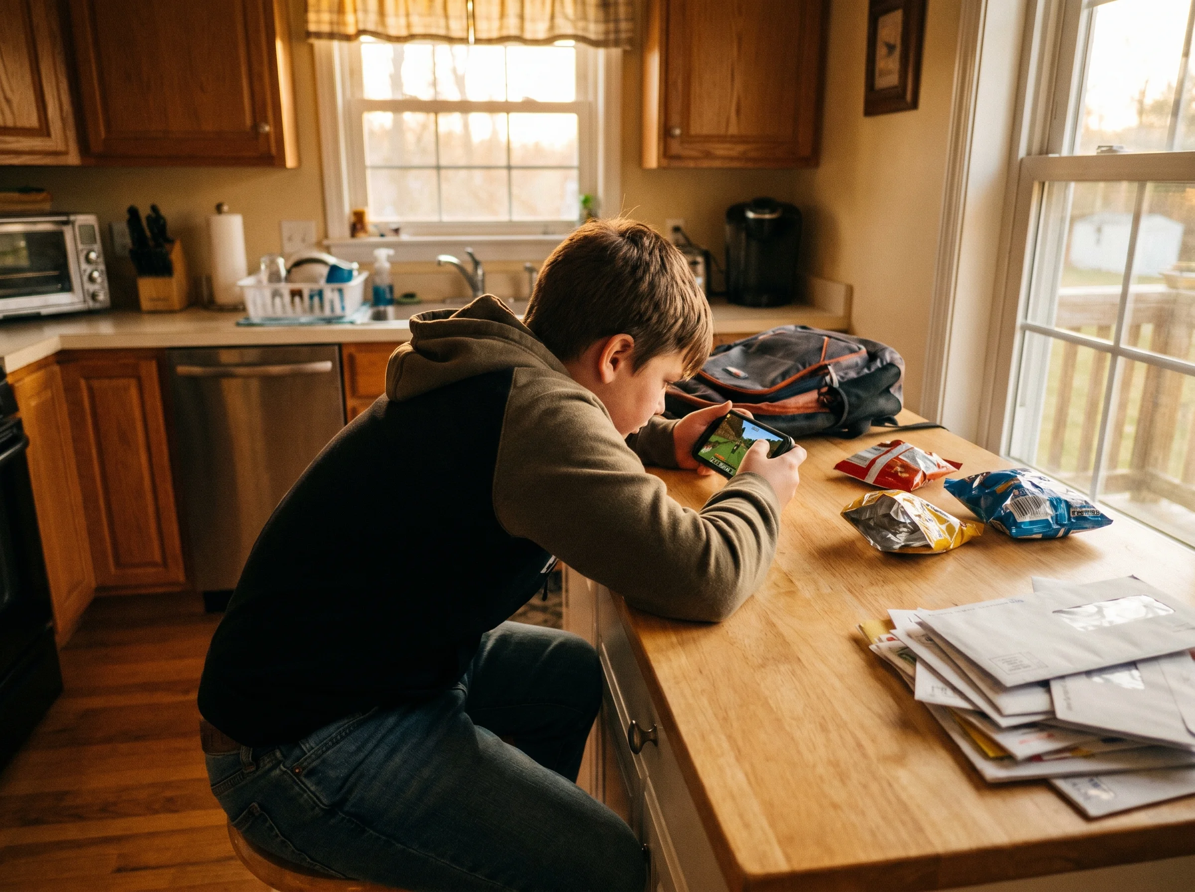 A middle-school-aged kid scrolling on a phone at a kitchen counter, the screen showing a gaming video, casual after-school mo