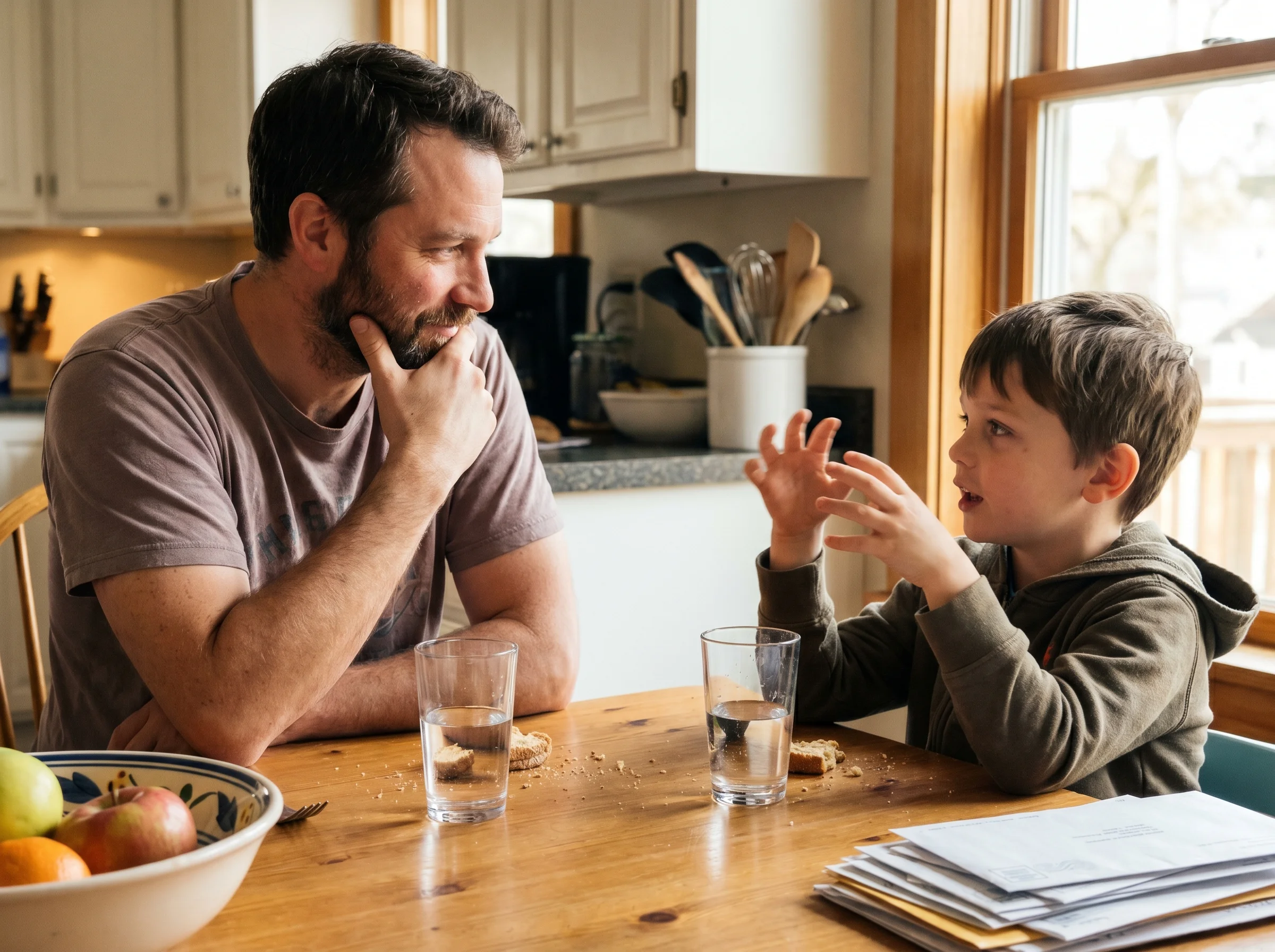 A dad and son sitting across from each other at a kitchen table, the dad listening intently while the boy talks, two glasses 