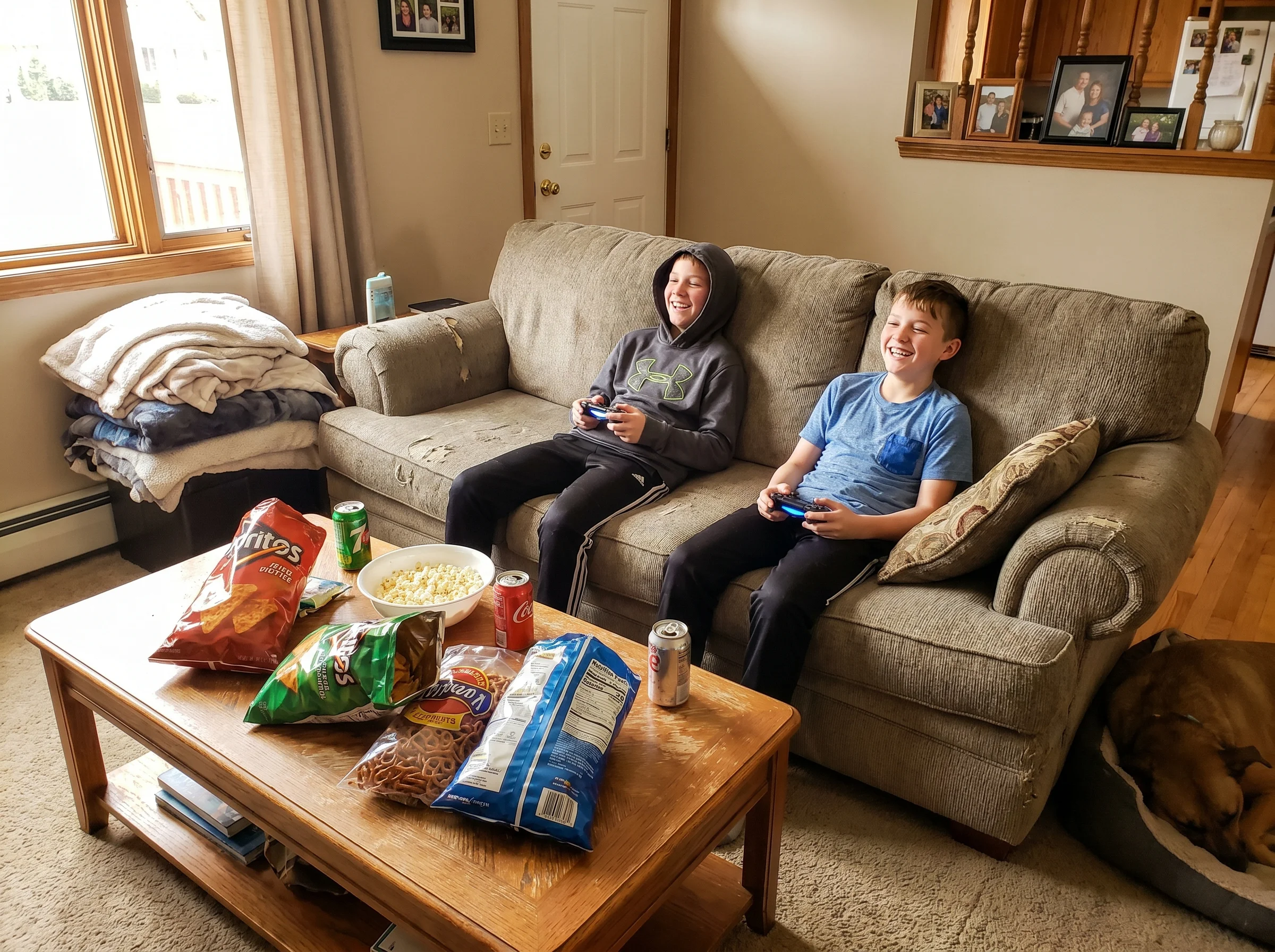 Two middle school boys on a couch at a friend's house, both holding controllers, snacks on the coffee table, casual weekend a
