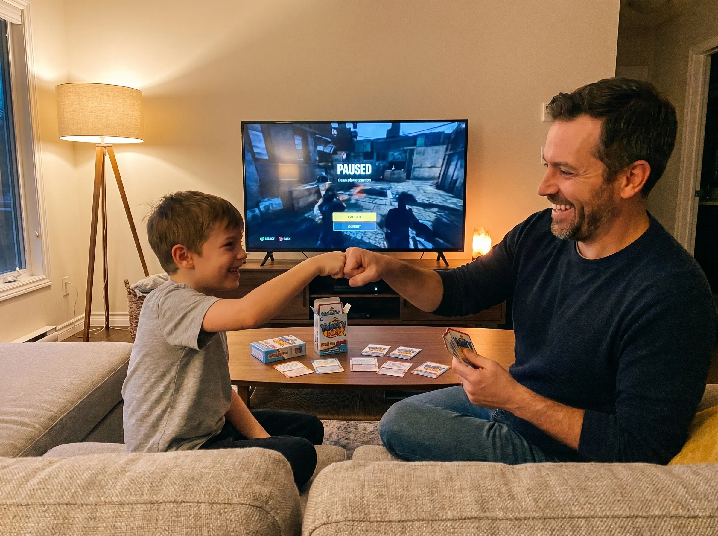 A dad and son fist-bumping on the couch with a game paused on the TV screen behind them, both smiling, late evening living ro