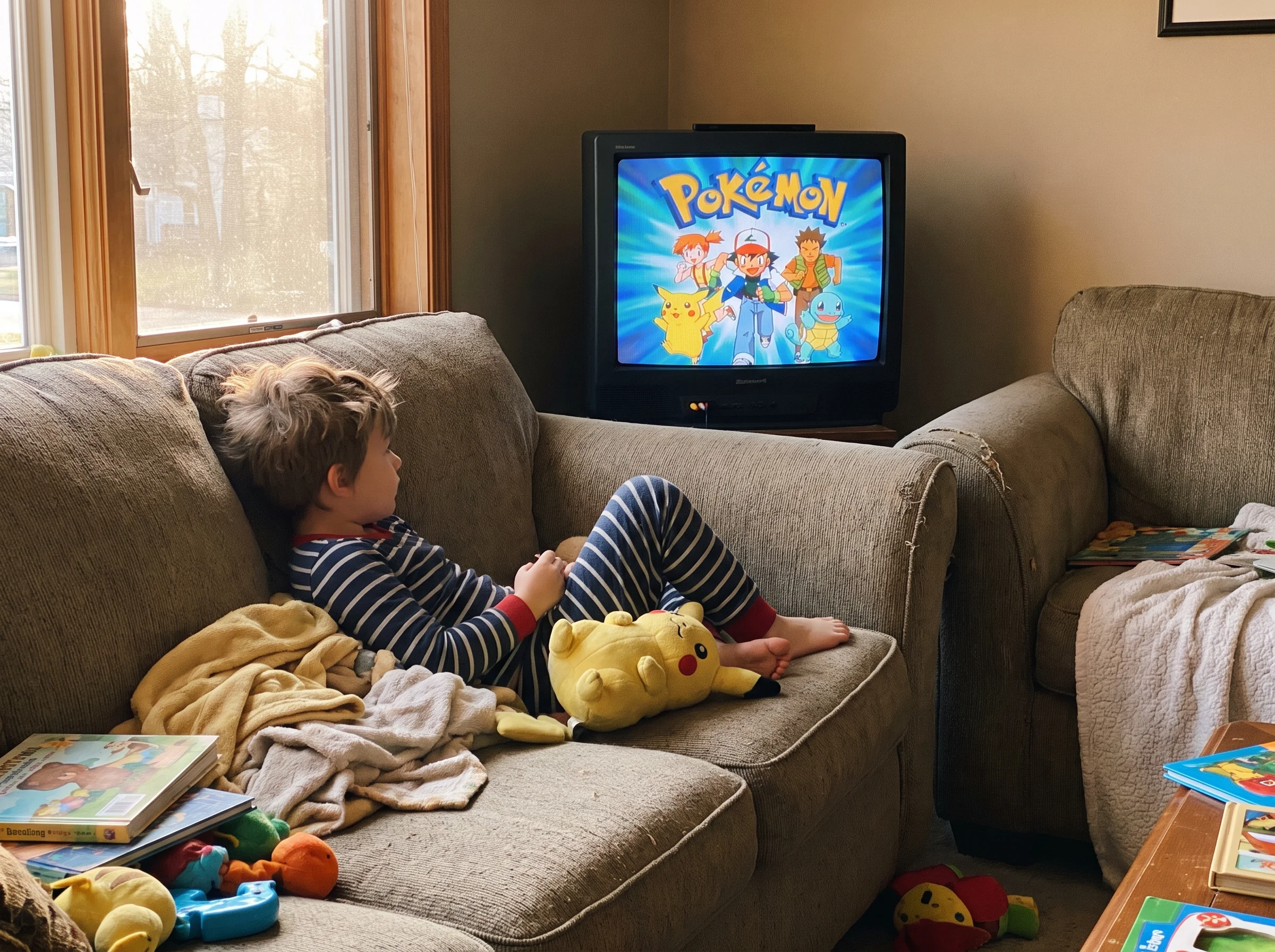 A young boy in pajamas watching the original Pokémon animated series on a couch with a stuffed Pikachu in his lap, soft morni