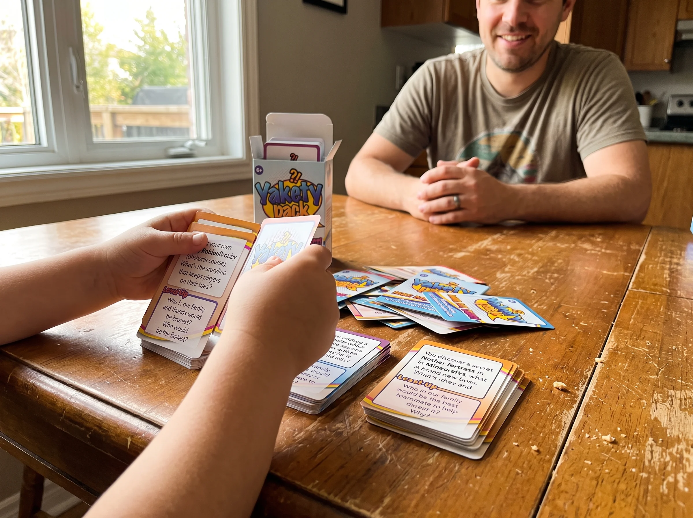 Close-up of small hands sorting Pokémon-style trading cards into stacks on a wooden kitchen table, natural window light, slig