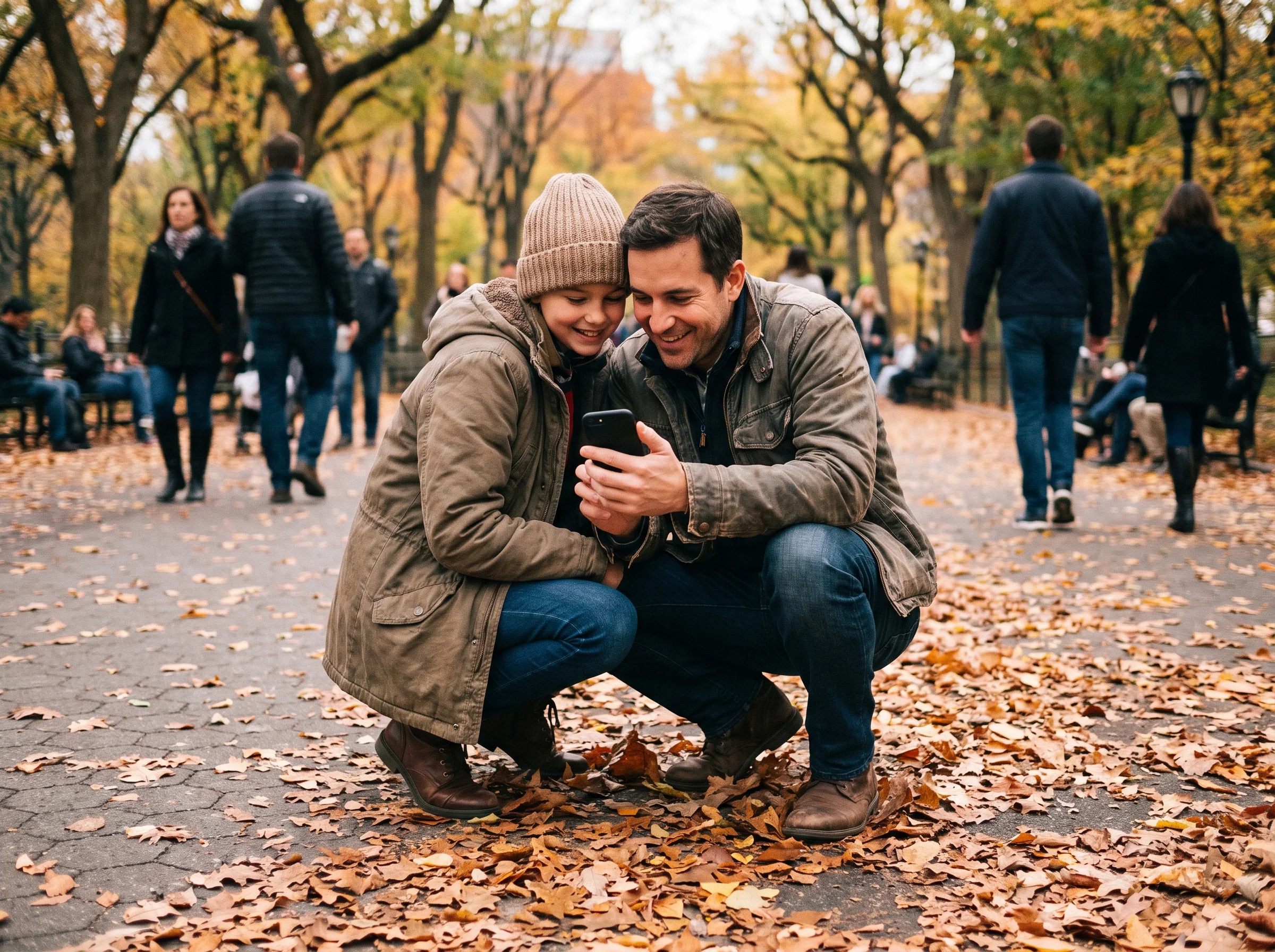 A parent and child walking through a city park looking at a phone screen together, fall leaves on the ground, casual iPhone s