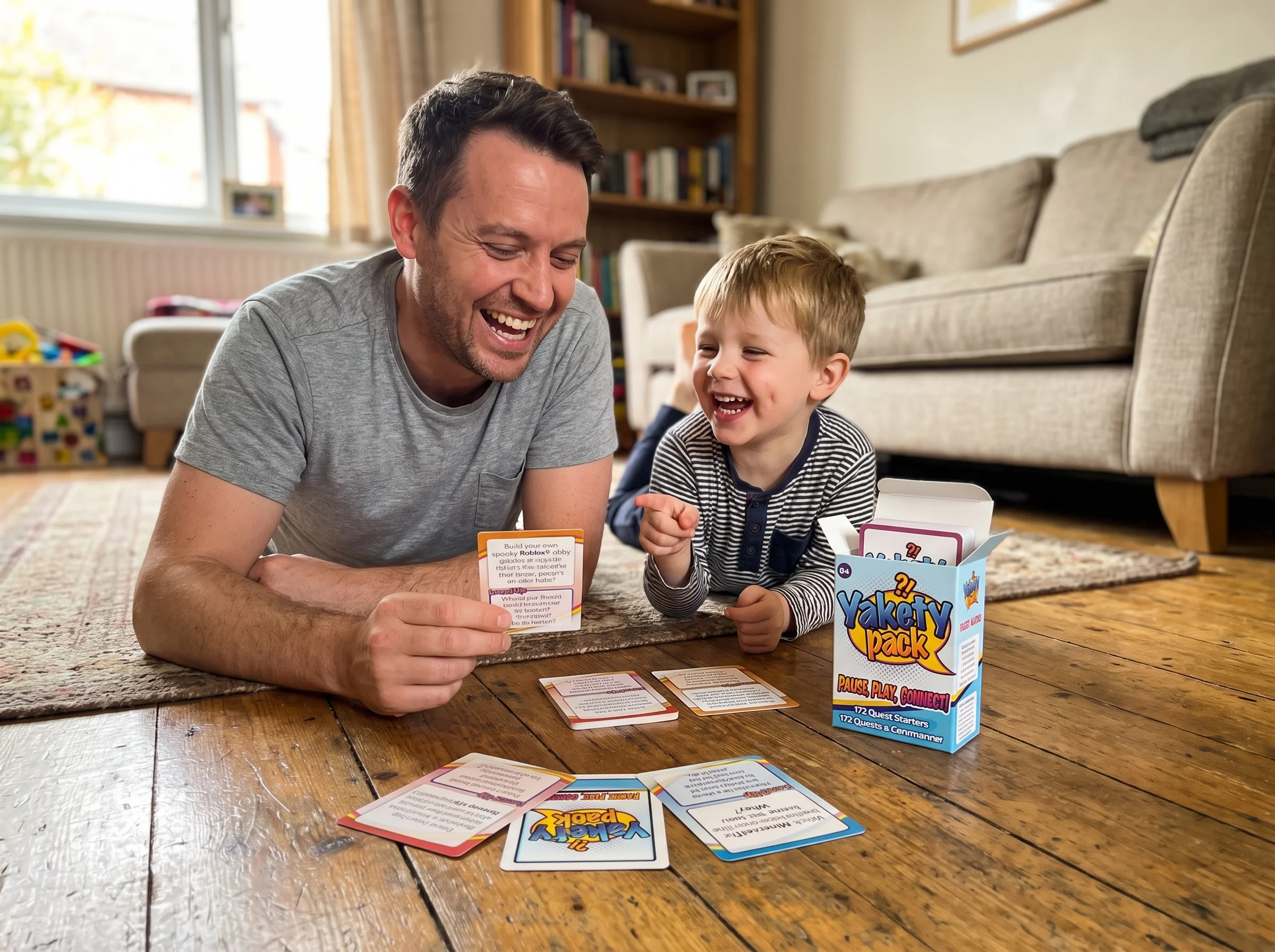 A dad and his son lying on their stomachs on the floor with a stack of conversation cards between them, both laughing, warm l