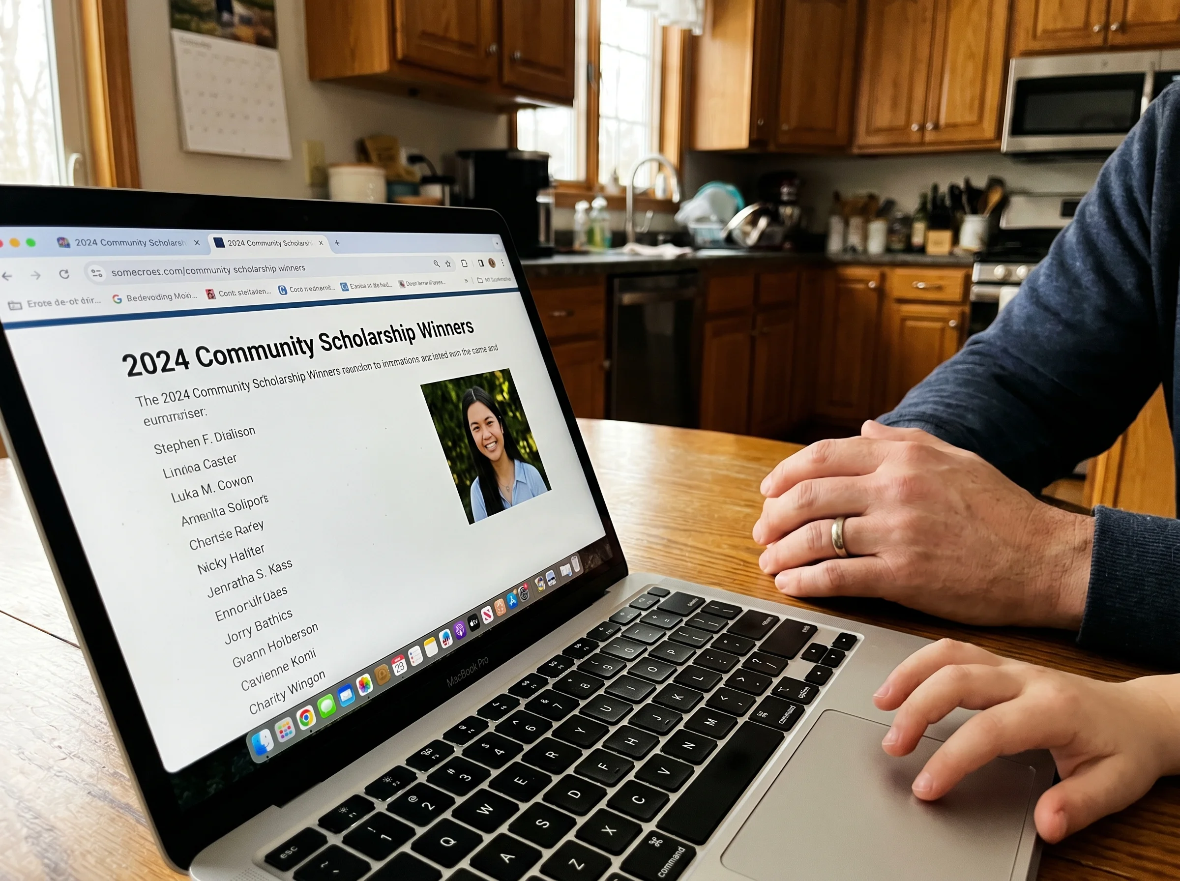 Close-up of a laptop screen showing a scholarship winners page, blurred kitchen background, hands resting near the keyboard