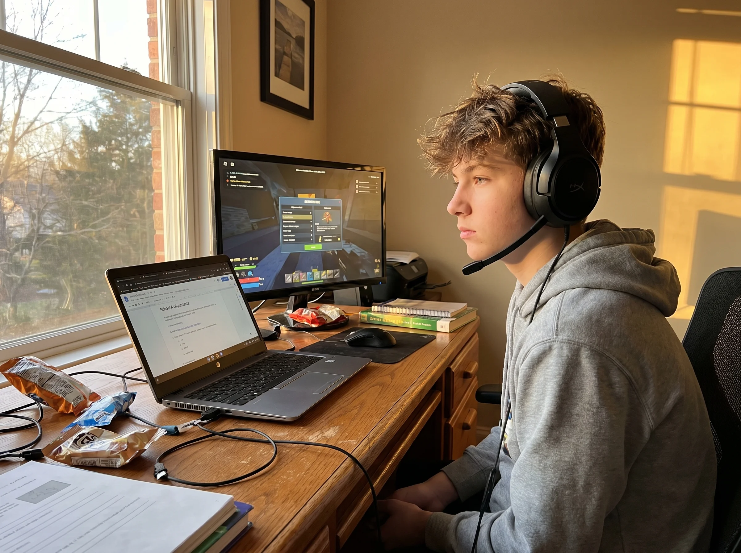 Teen boy at a desk with gaming headset on, laptop open beside the gaming setup, looking thoughtful, late afternoon natural li