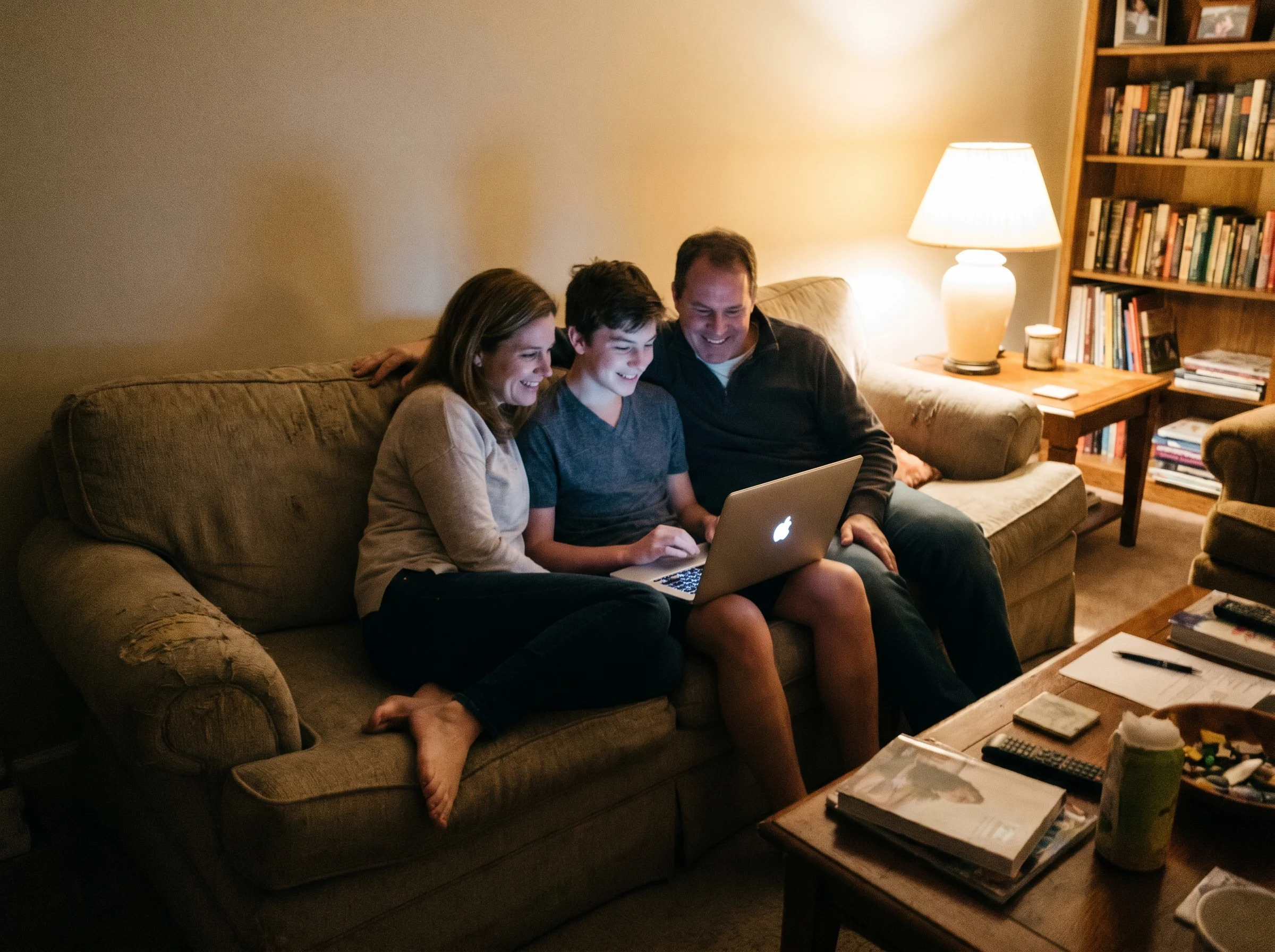 A mom and dad sitting on a couch with their teenage son, all three looking at a laptop together, casual evening lighting, the