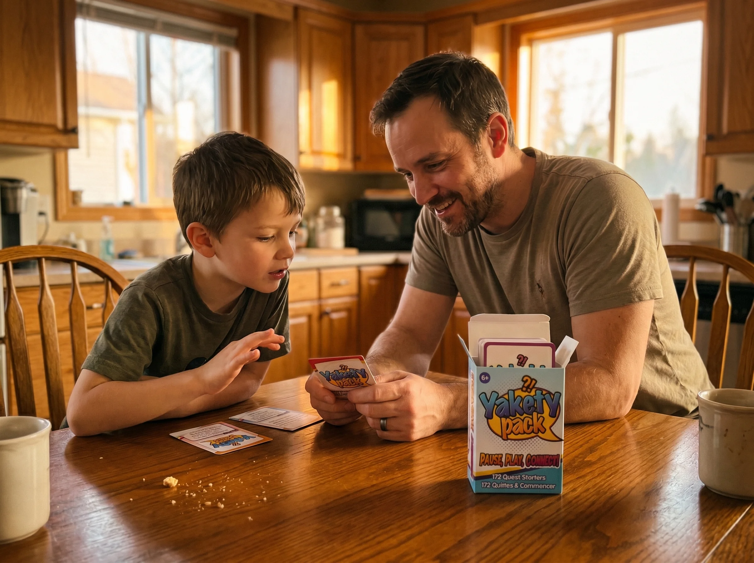 Father and son sitting across from each other at a kitchen table, a Yakety Pack card between them, both leaning in mid-conver