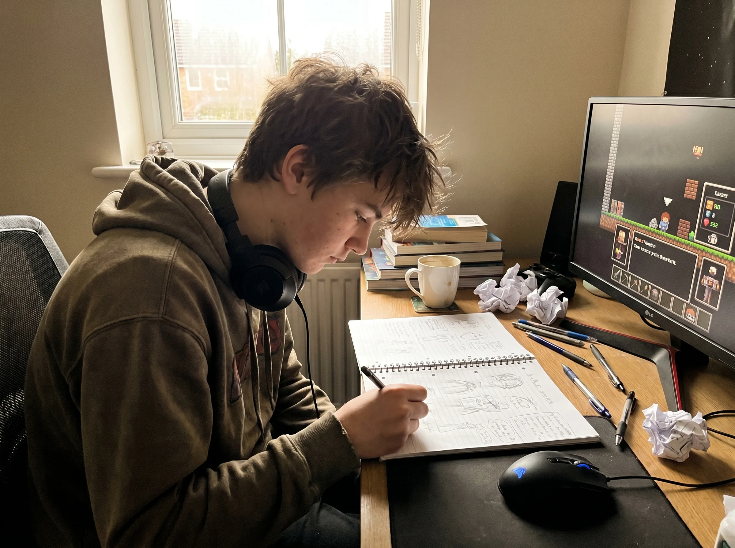 Teen boy sketching game design ideas in a notebook at his desk, headphones around his neck, soft morning light