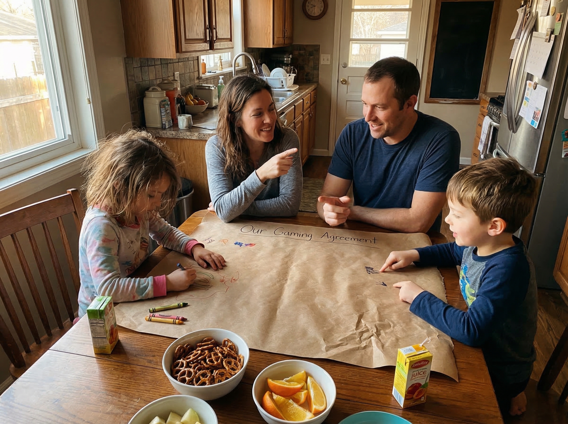 A family sitting around the kitchen table with snacks, kids drawing on a large piece of paper that says "Our Gaming Agreement