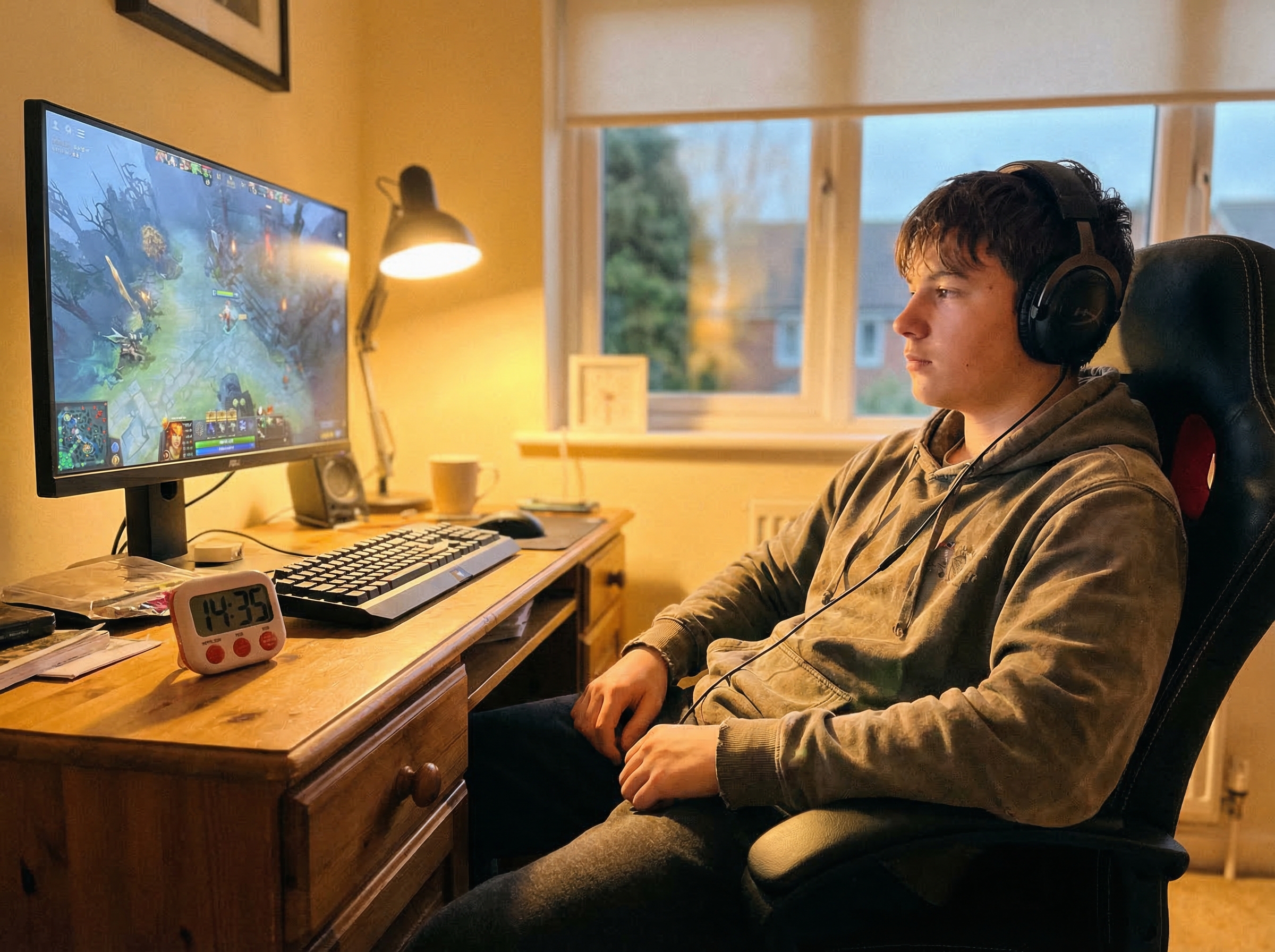 A teenager at a gaming setup with his own timer visible on the desk, looking focused but calm, natural evening lighting