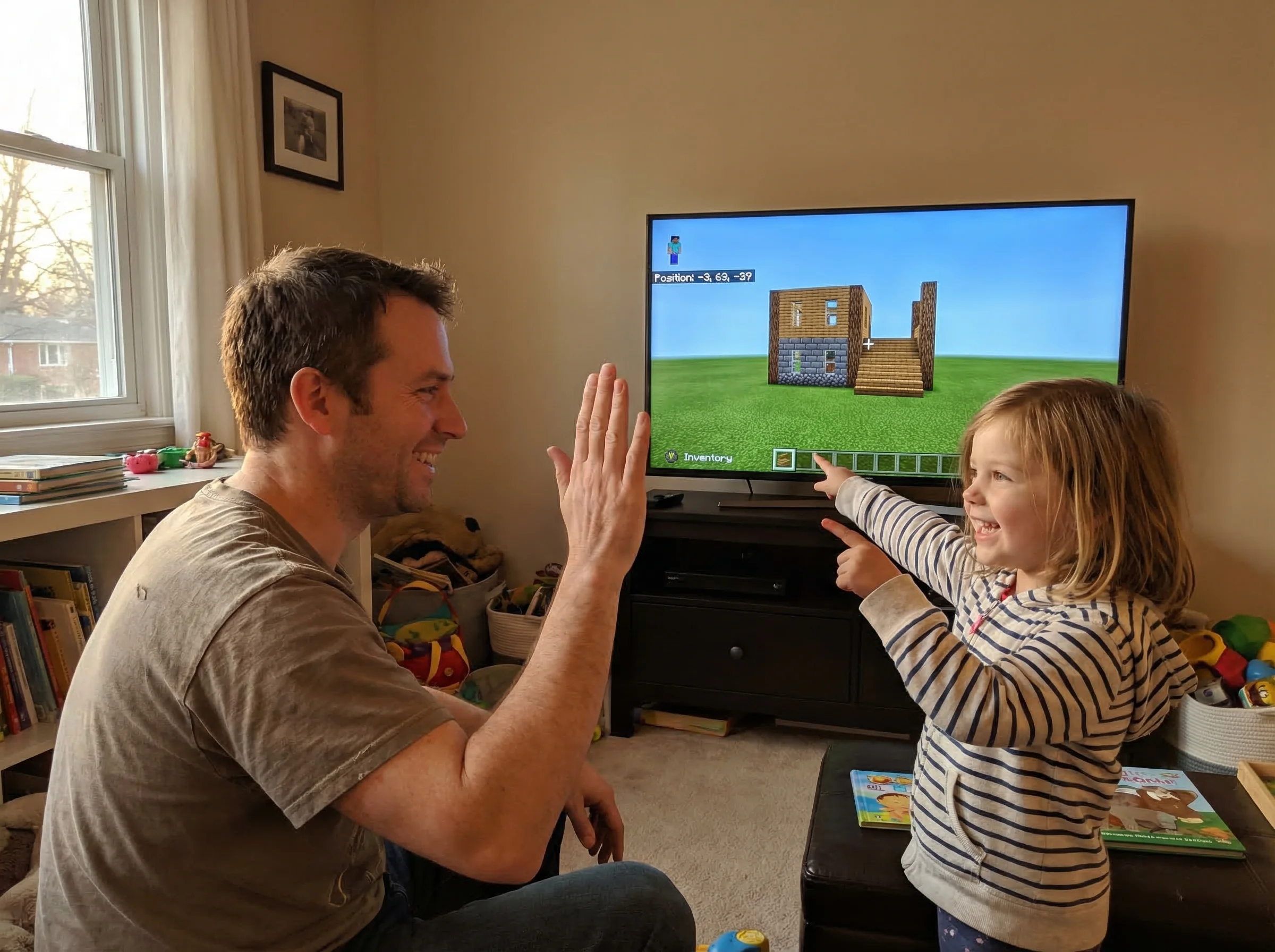 A dad and daughter high-fiving in front of a paused Minecraft screen, both smiling, the daughter explaining something excited