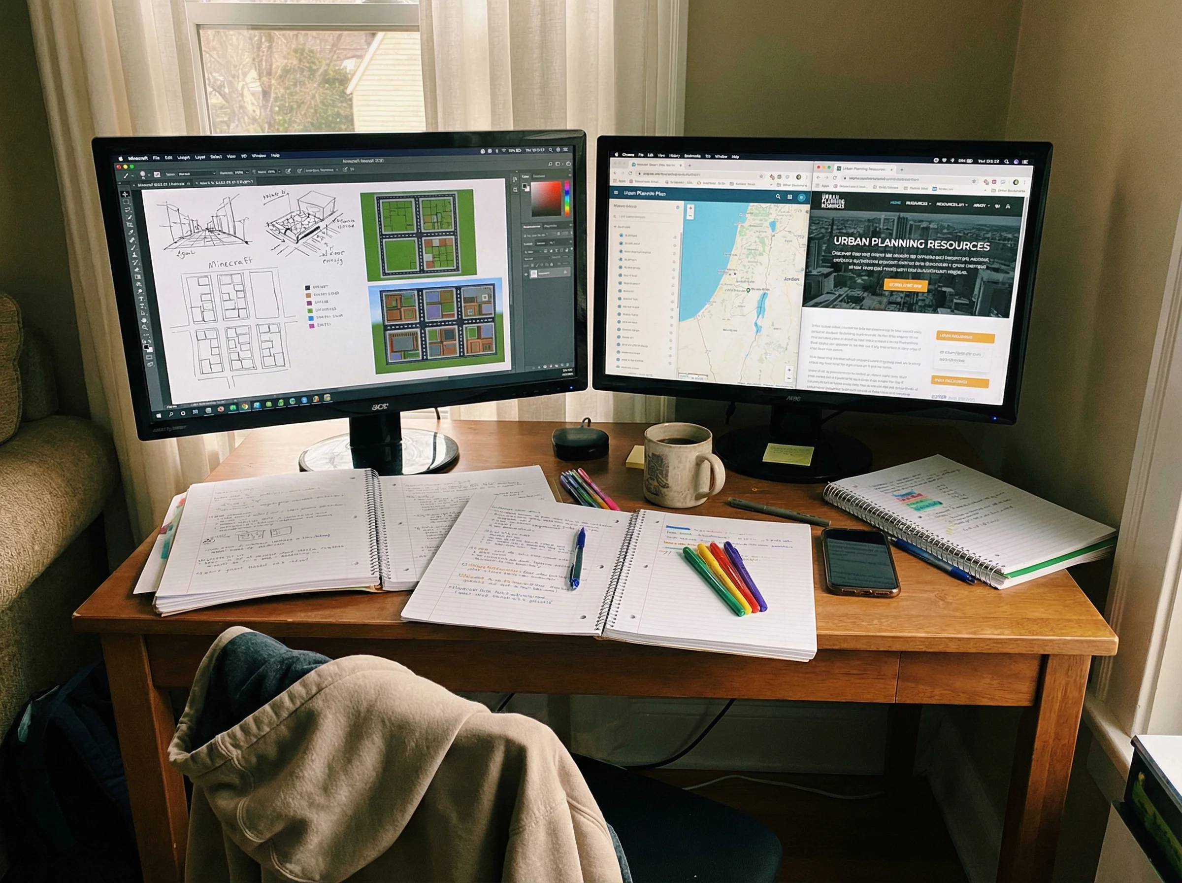 A teenage girl's desk showing dual monitors - one with Minecraft city planning sketches and grids, the other with actual city