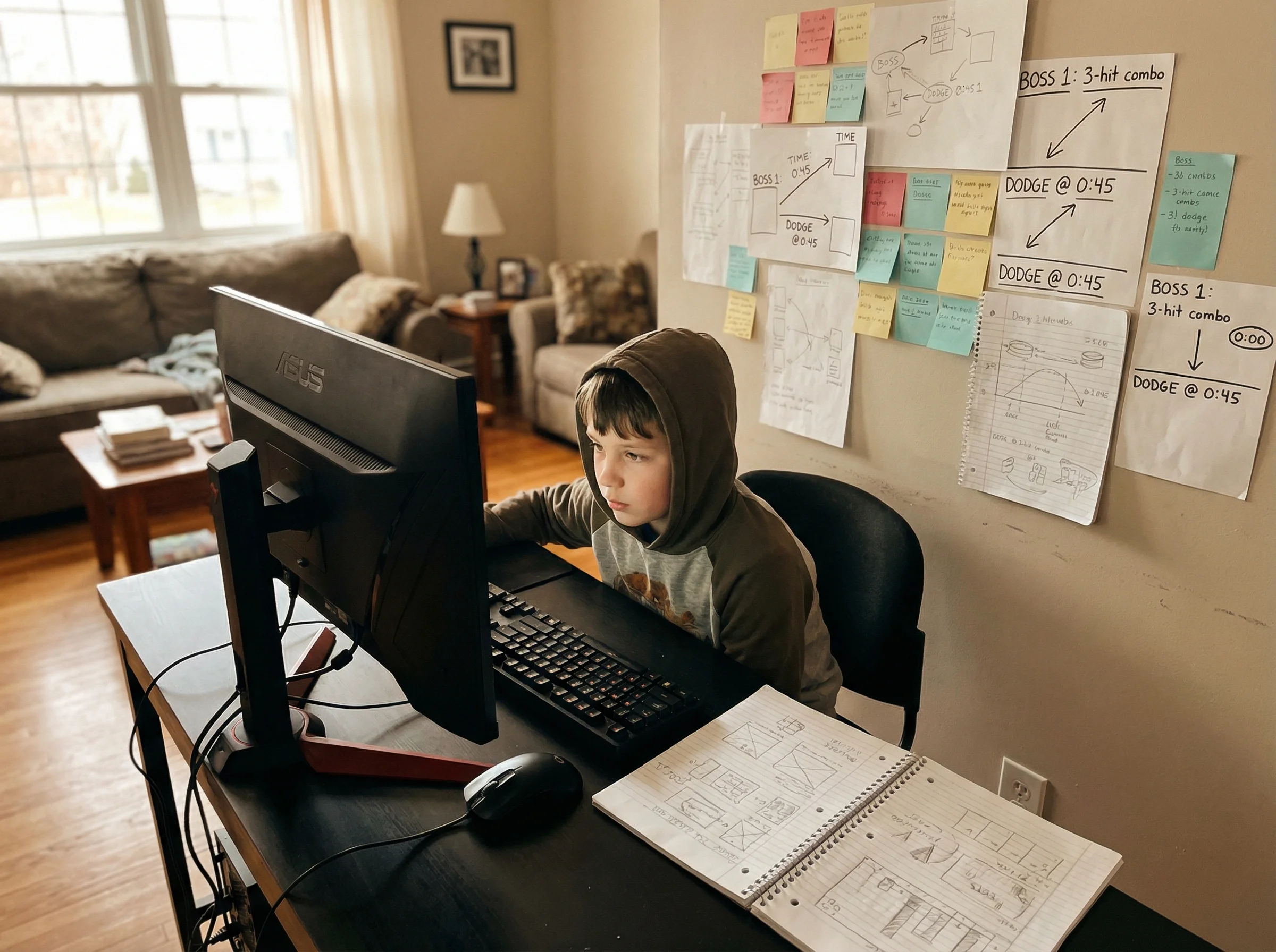 A boy intensely focused on his gaming setup, multiple sticky notes on the wall behind him showing boss attack patterns and ti