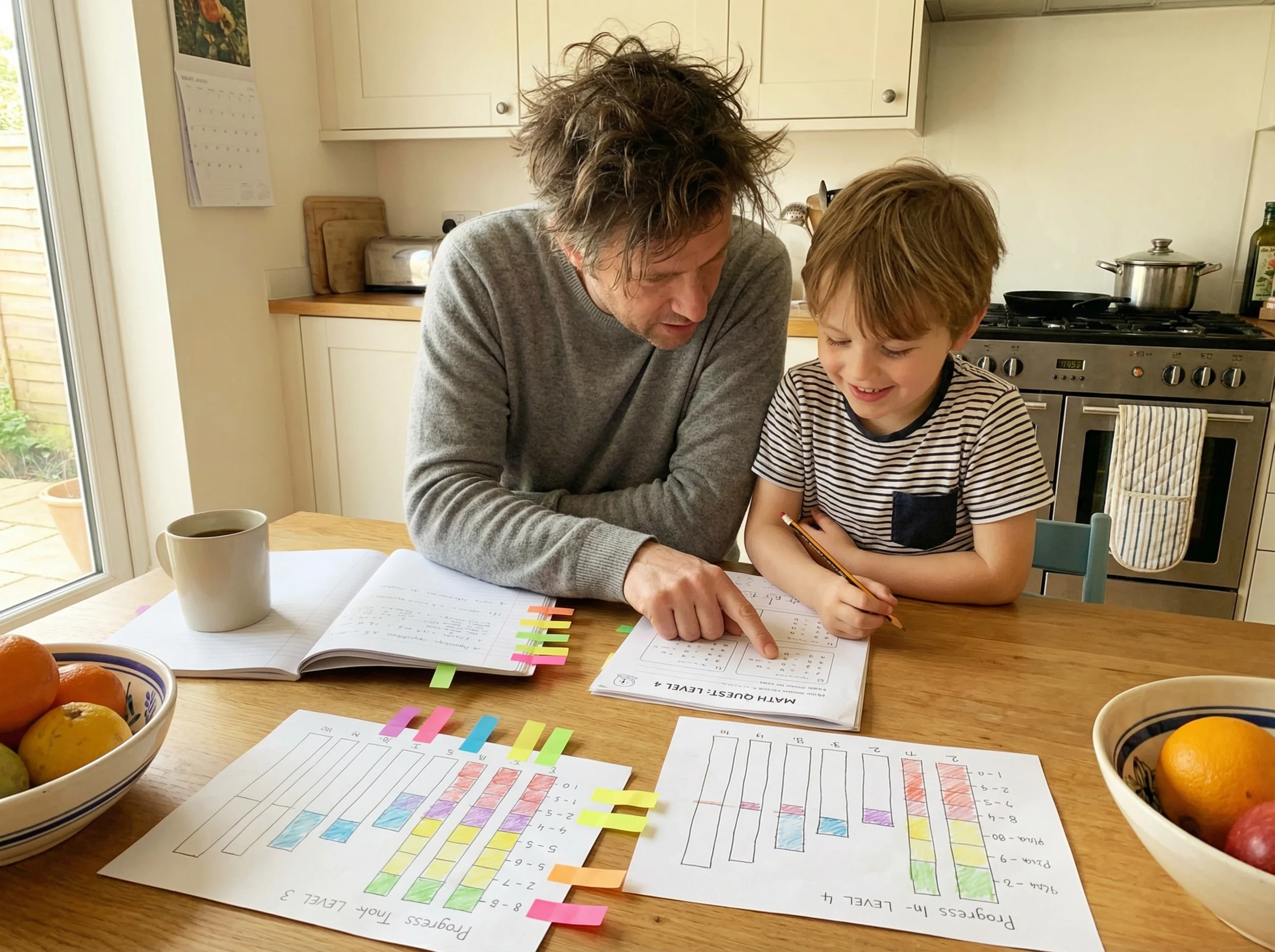Kitchen table scene with a parent and child working together, math worksheets spread out but organized like game strategy gui
