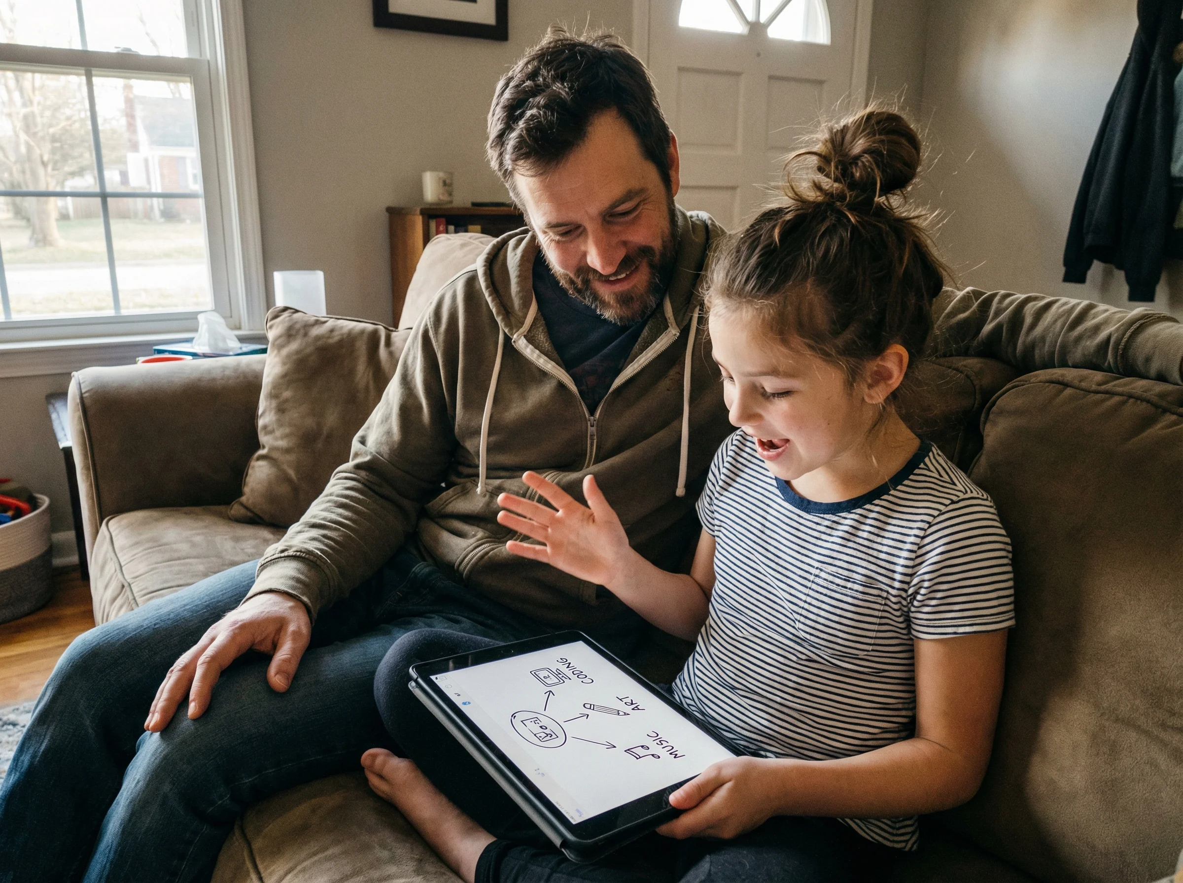 Father sitting on the couch next to his daughter, both looking at a tablet where she's drawing out a skill tree diagram, her 