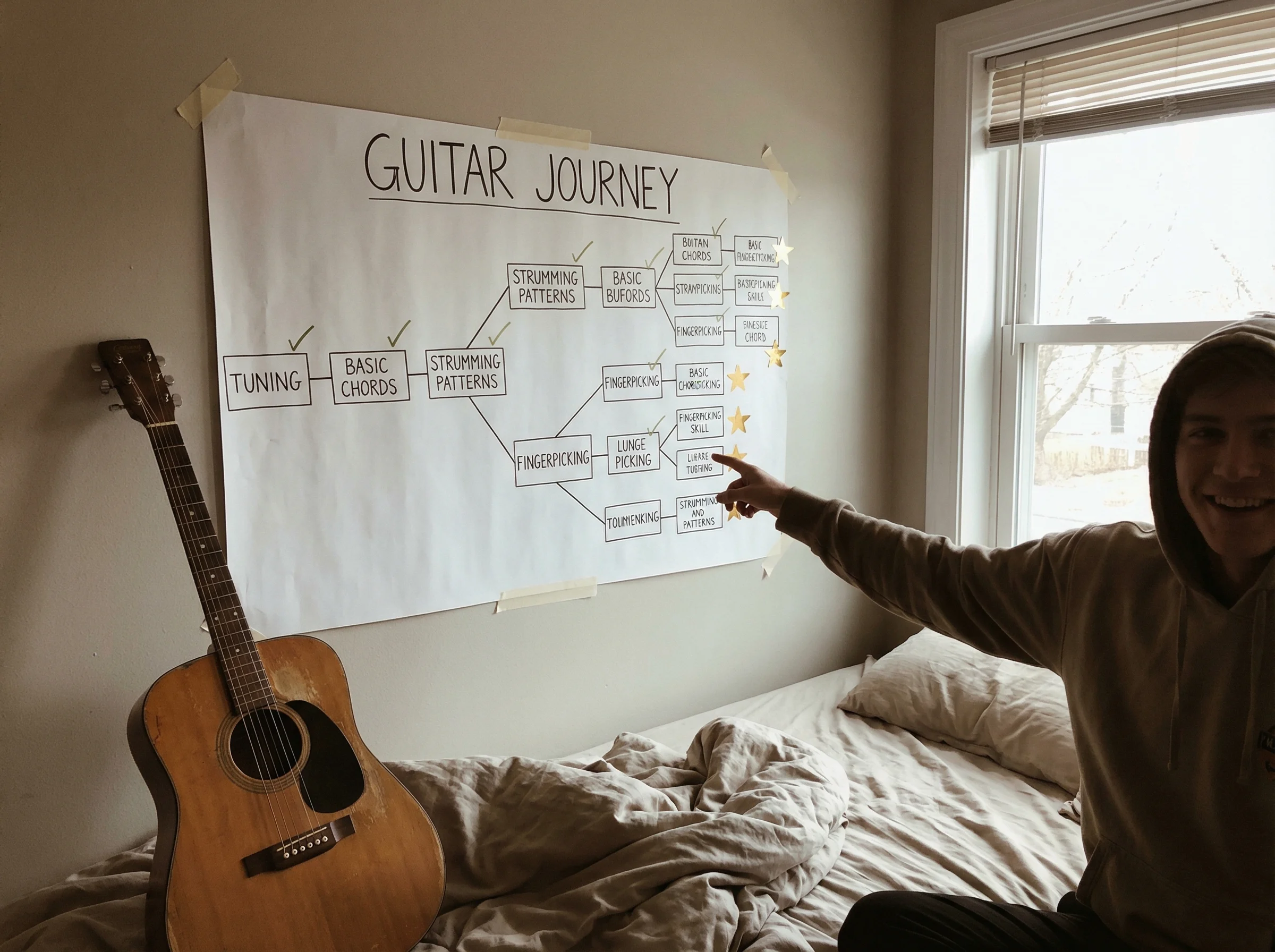 A homemade guitar skill tree drawn on poster board hanging on a bedroom wall, with checkmarks next to completed skills and st