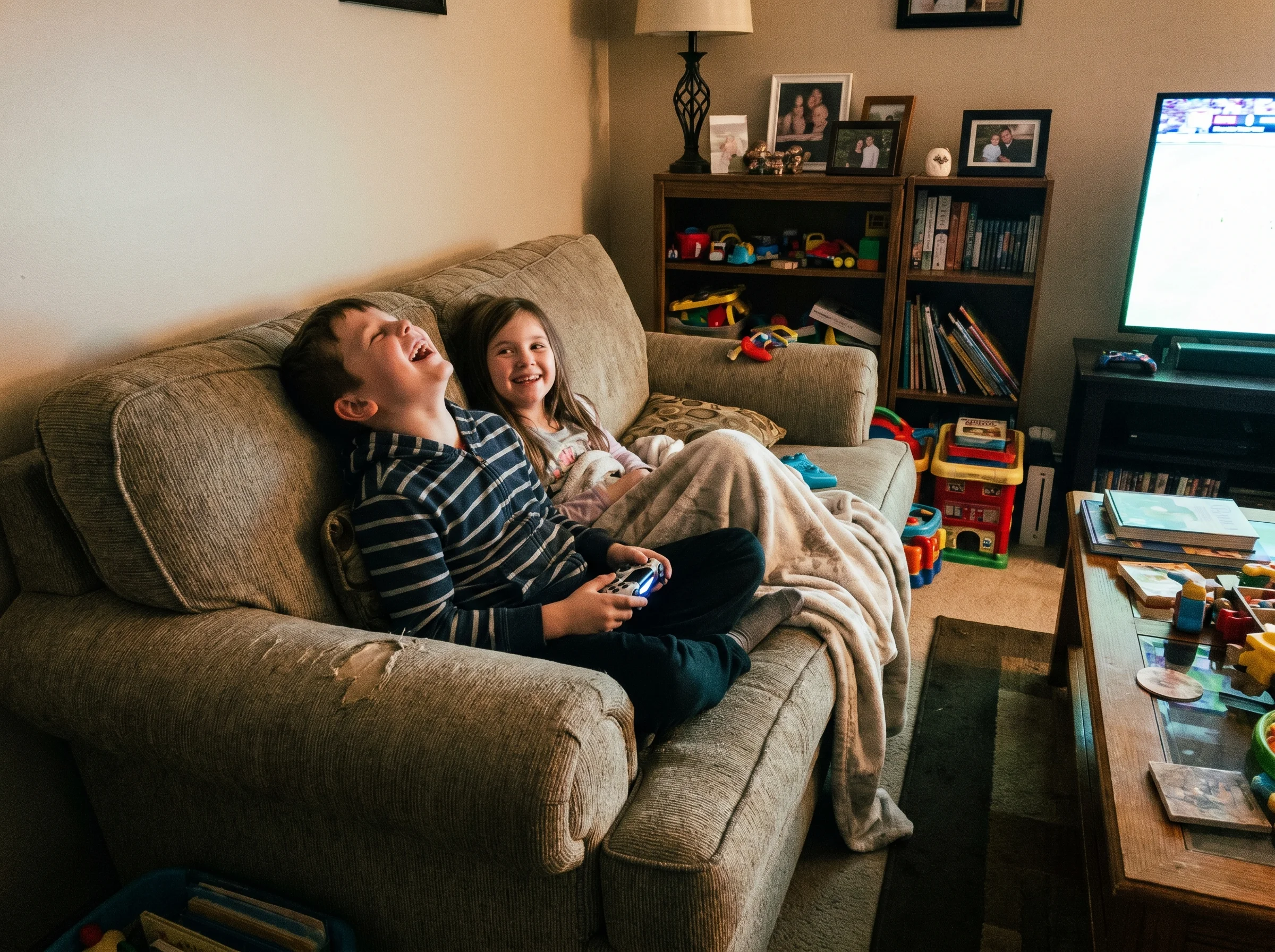 Two kids sitting on a couch with controllers, one mid-laugh, screen glow on their faces, casual living room