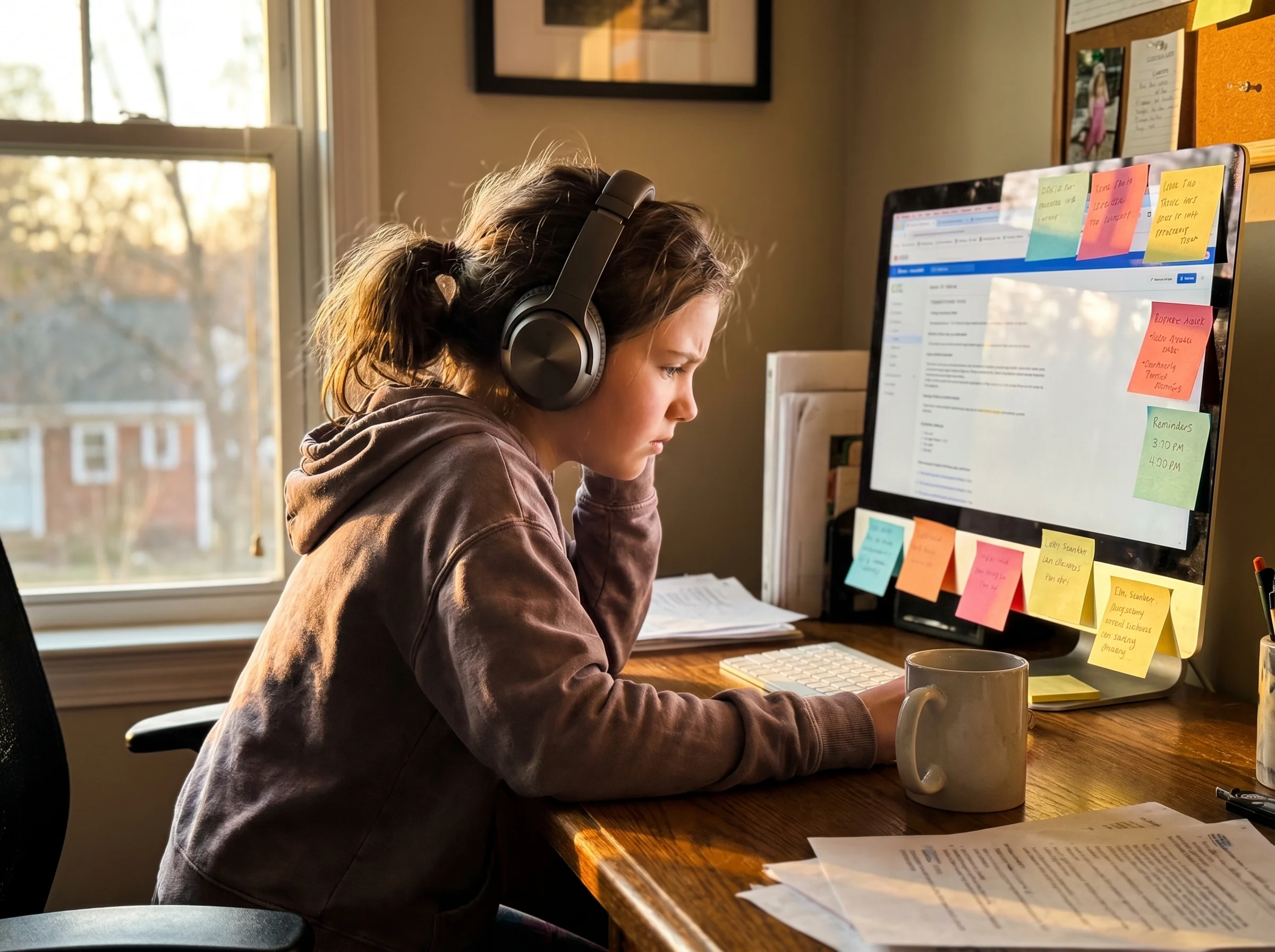 A young girl at a desk with headphones on, brow furrowed in concentration, sticky notes around her monitor, afternoon light f