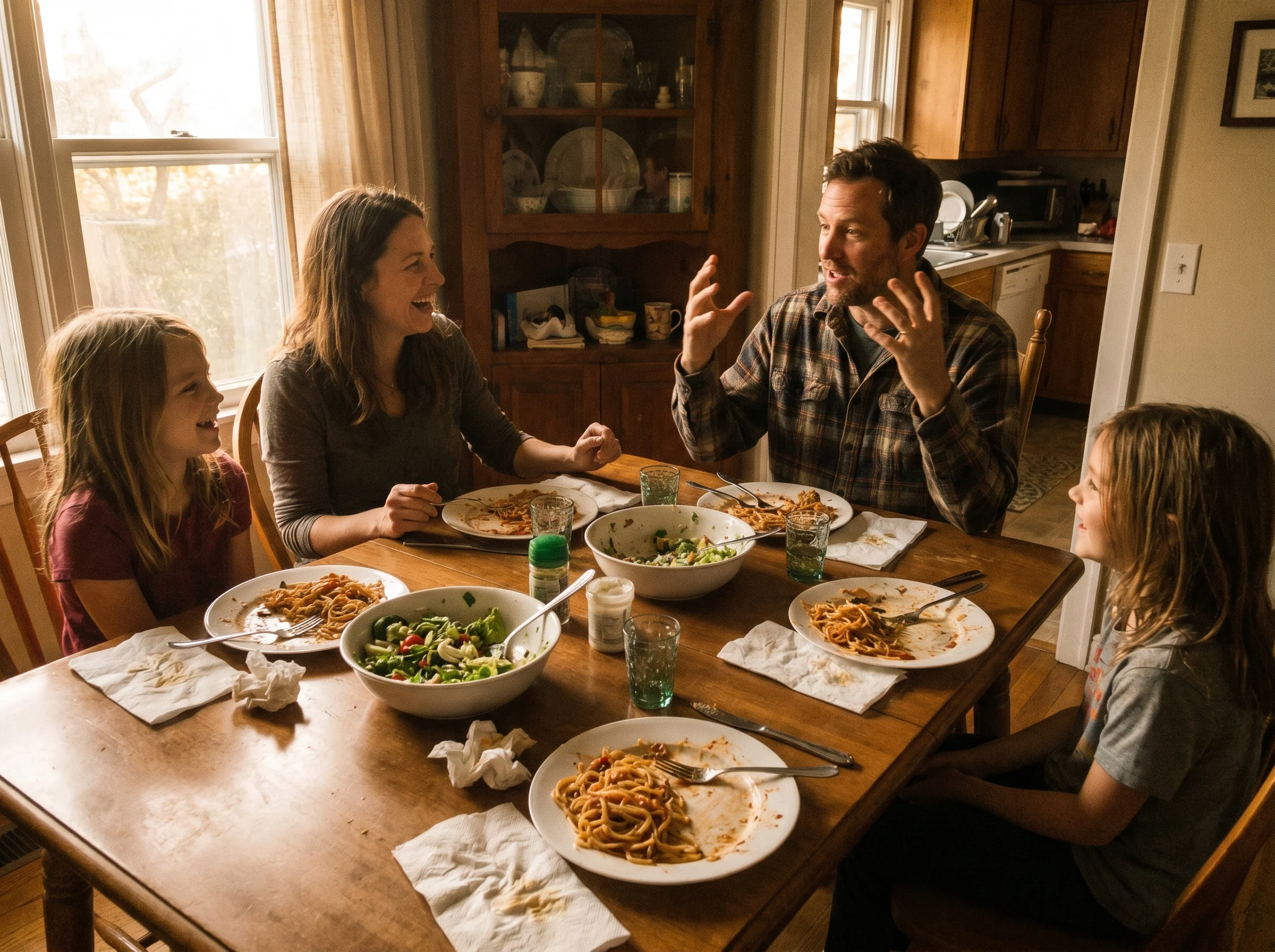 Family of four around a dinner table mid-conversation, plates half eaten, dad gesturing with his hands, natural evening light
