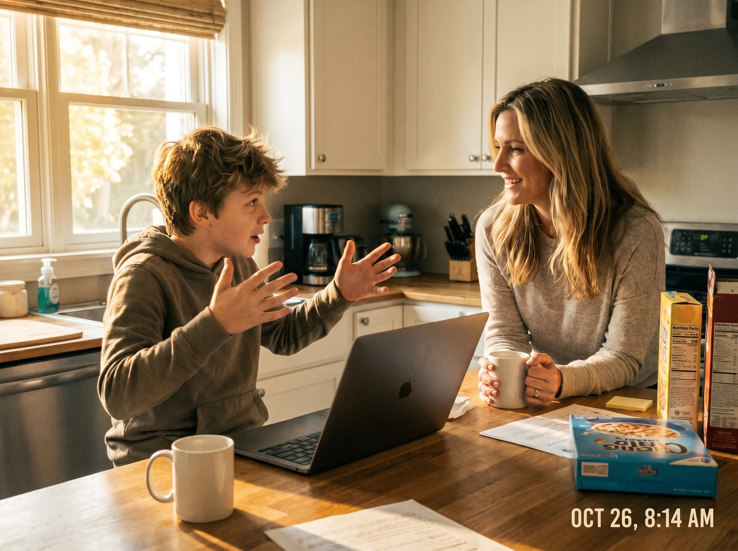 A pre-teen boy at a kitchen counter explaining something animatedly to his mom, laptop open between them, morning light
