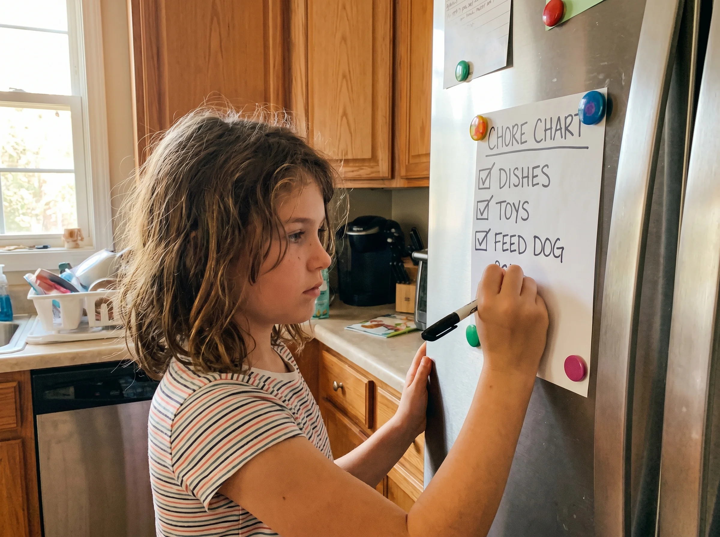 A young girl writing on a paper chore chart taped to the fridge, marker in hand, focused expression