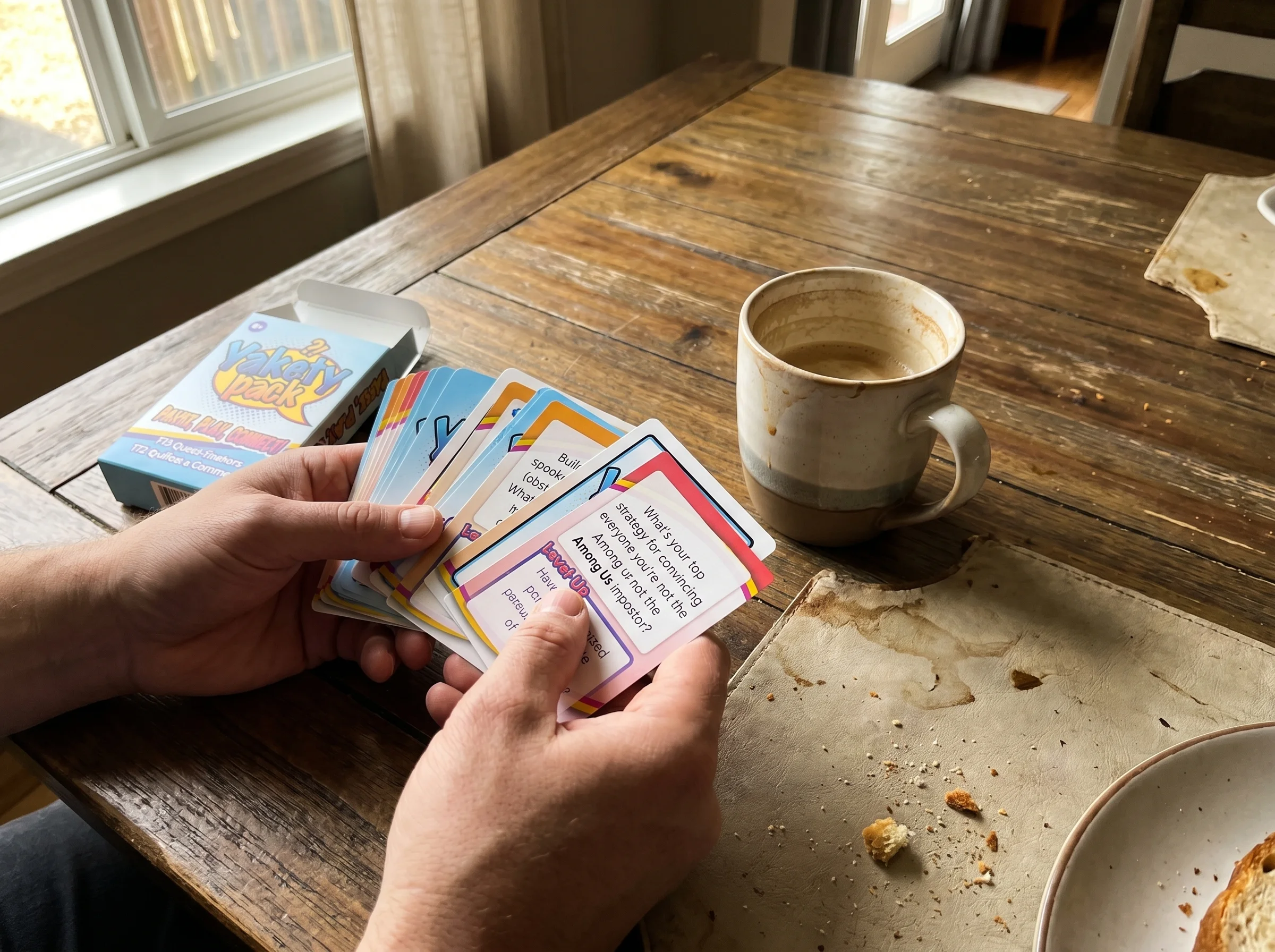 A stack of conversation cards face up on a wooden dinner table next to a coffee mug, soft natural light