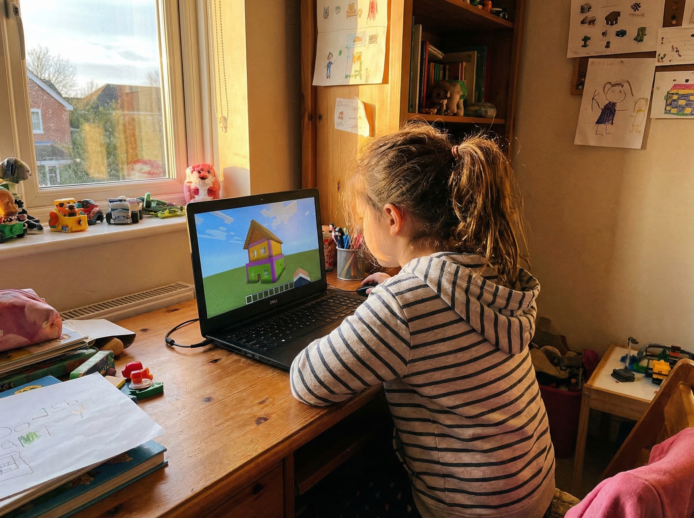 Young girl at desk focused on laptop screen, colorful Minecraft house visible, afternoon sunlight creating warm atmosphere in