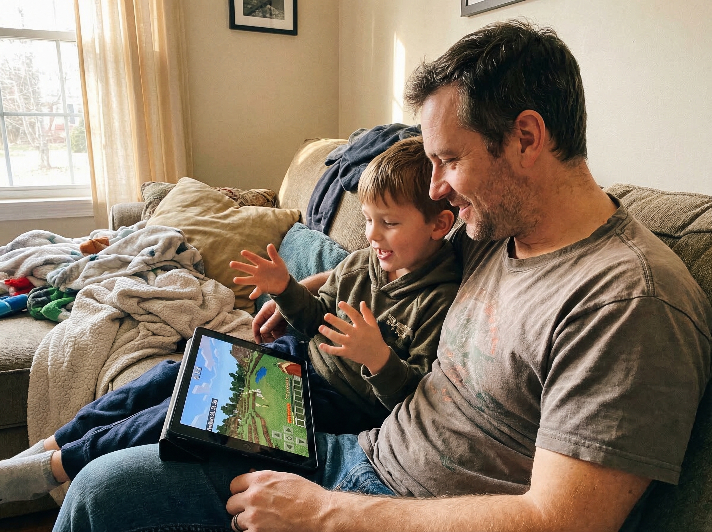 Dad and son sitting together on couch, son animatedly explaining something on tablet showing Minecraft world, both engaged in