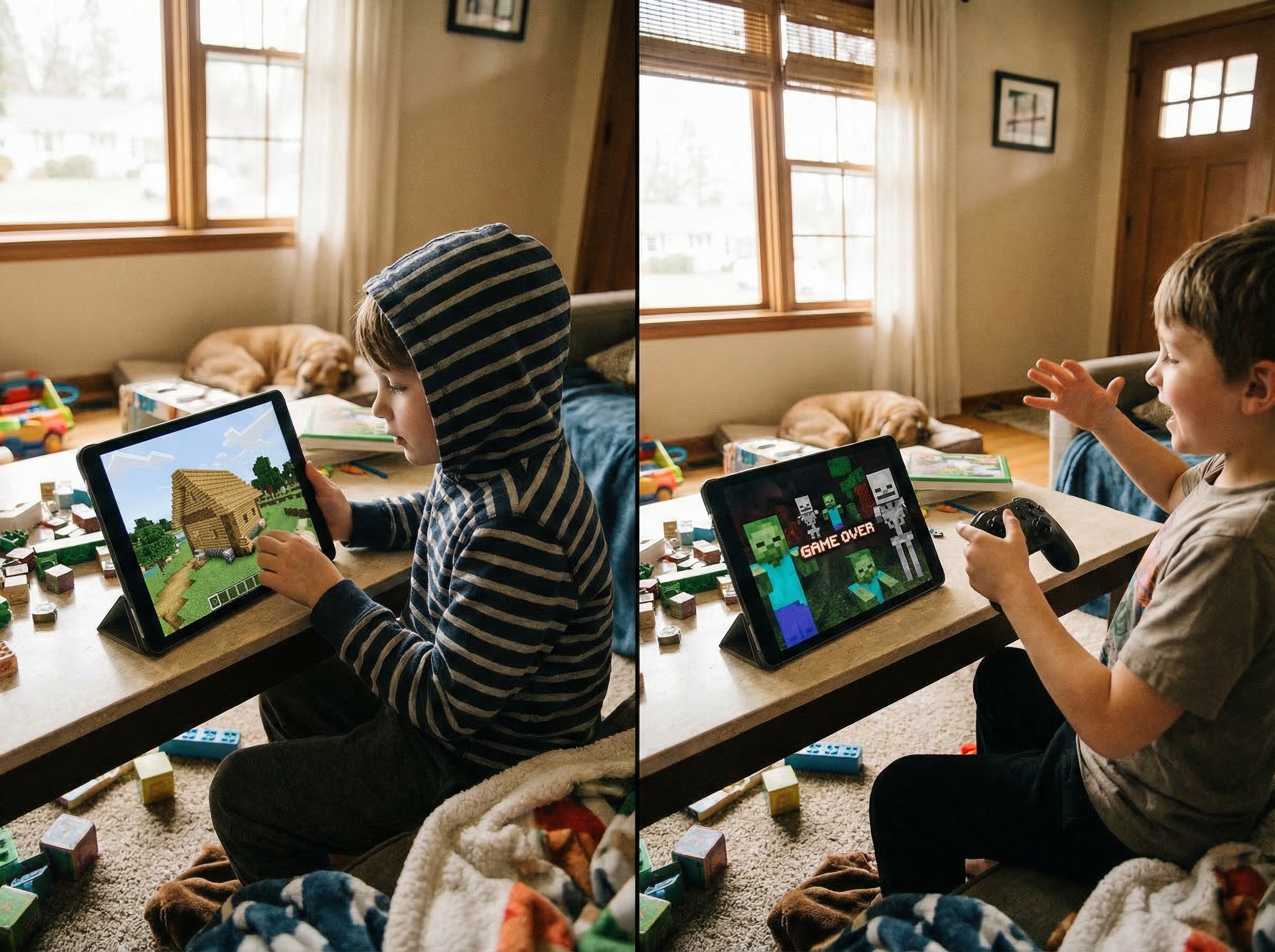 Split-screen view of two kids playing Minecraft in same room, one building peacefully, other battling monsters, showing diffe