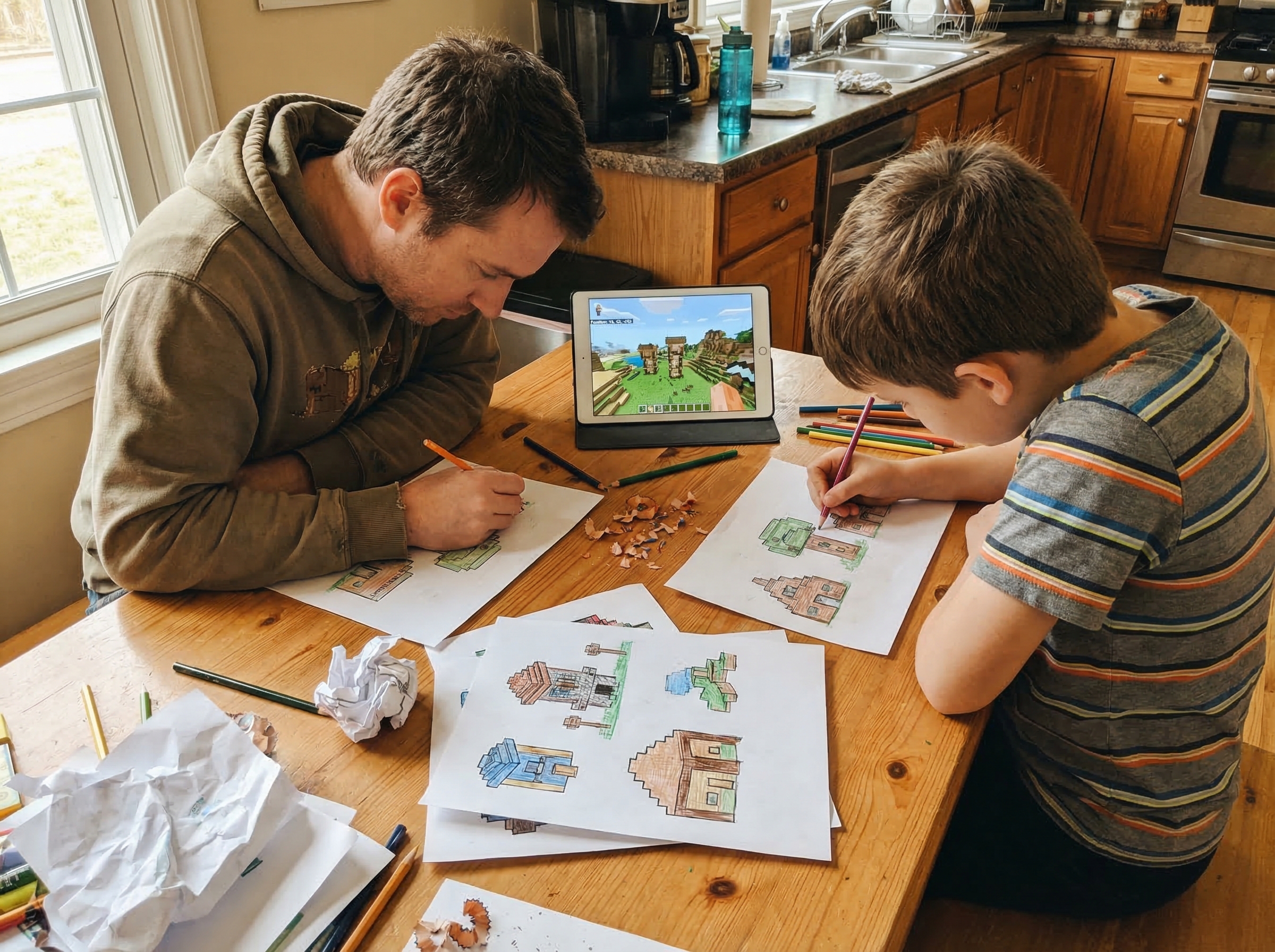 Parent and child drawing Minecraft builds together at kitchen table, papers and colored pencils spread out, both focused on t