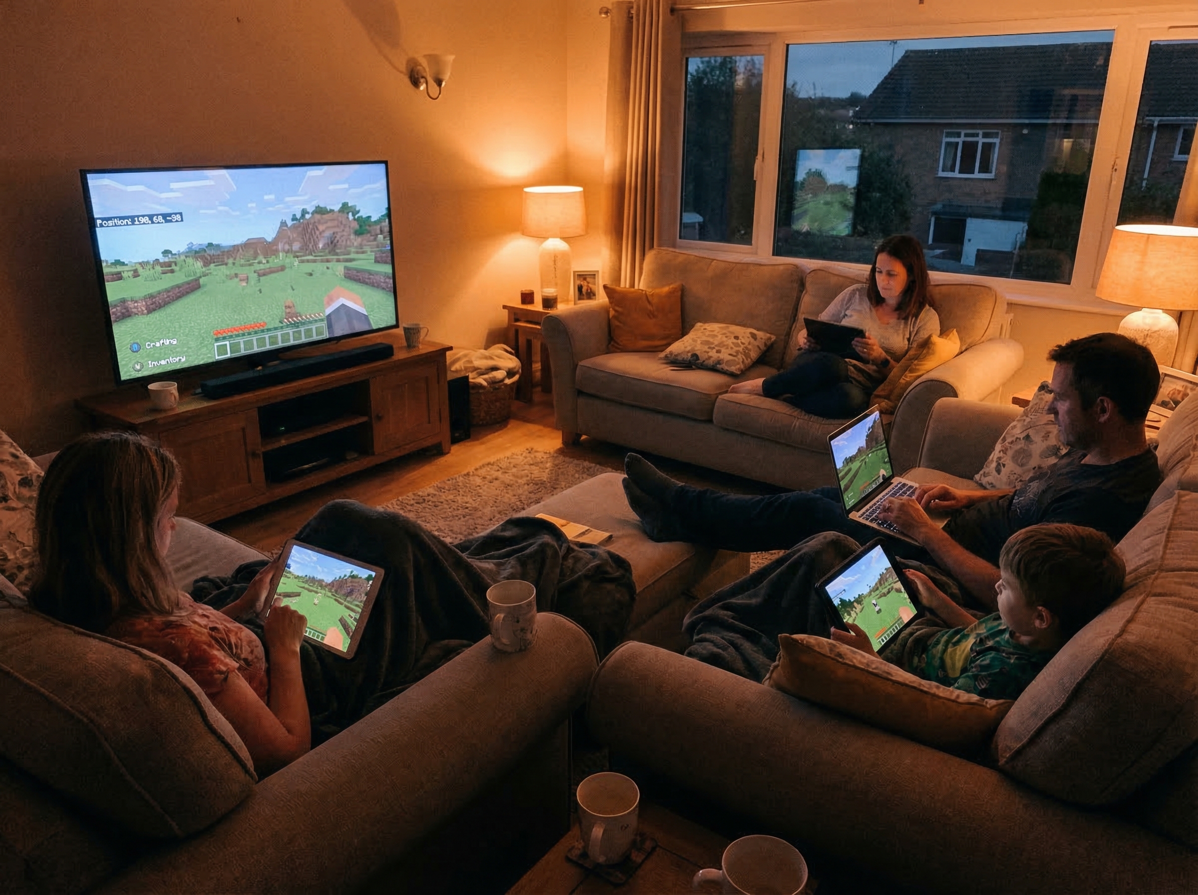 Evening shot of family room with multiple screens showing Minecraft worlds, family members playing together but separately, c