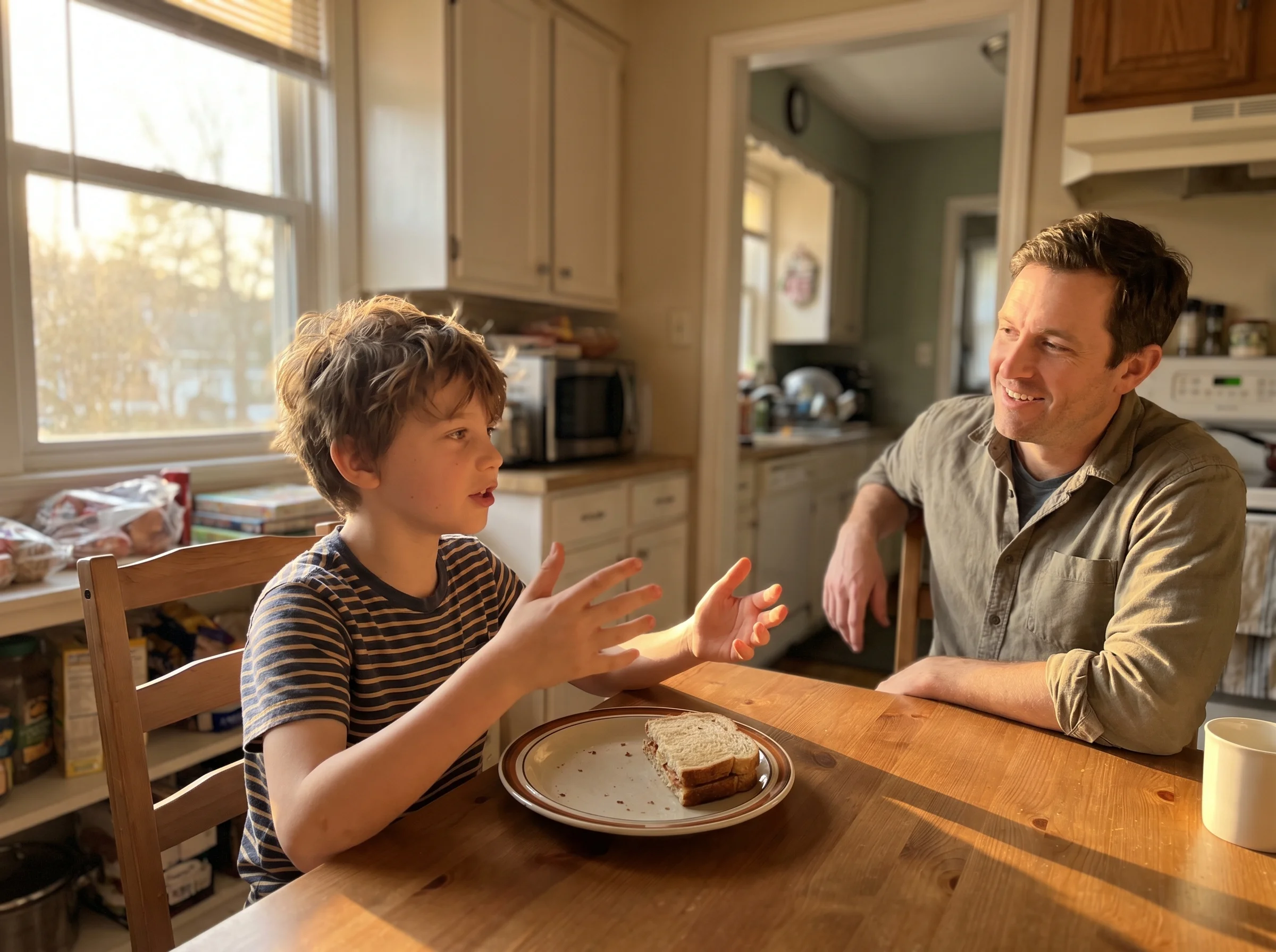 A boy at a kitchen table with a sandwich half-eaten, talking with his hands while his dad listens, late afternoon light throu